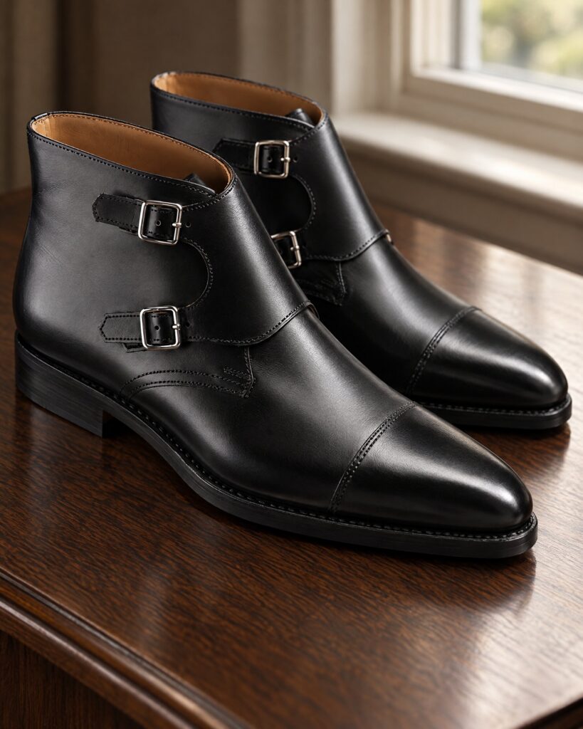 Crockett & Jones Camberley boot in black calf, close view of the double buckle straps and toe cap
