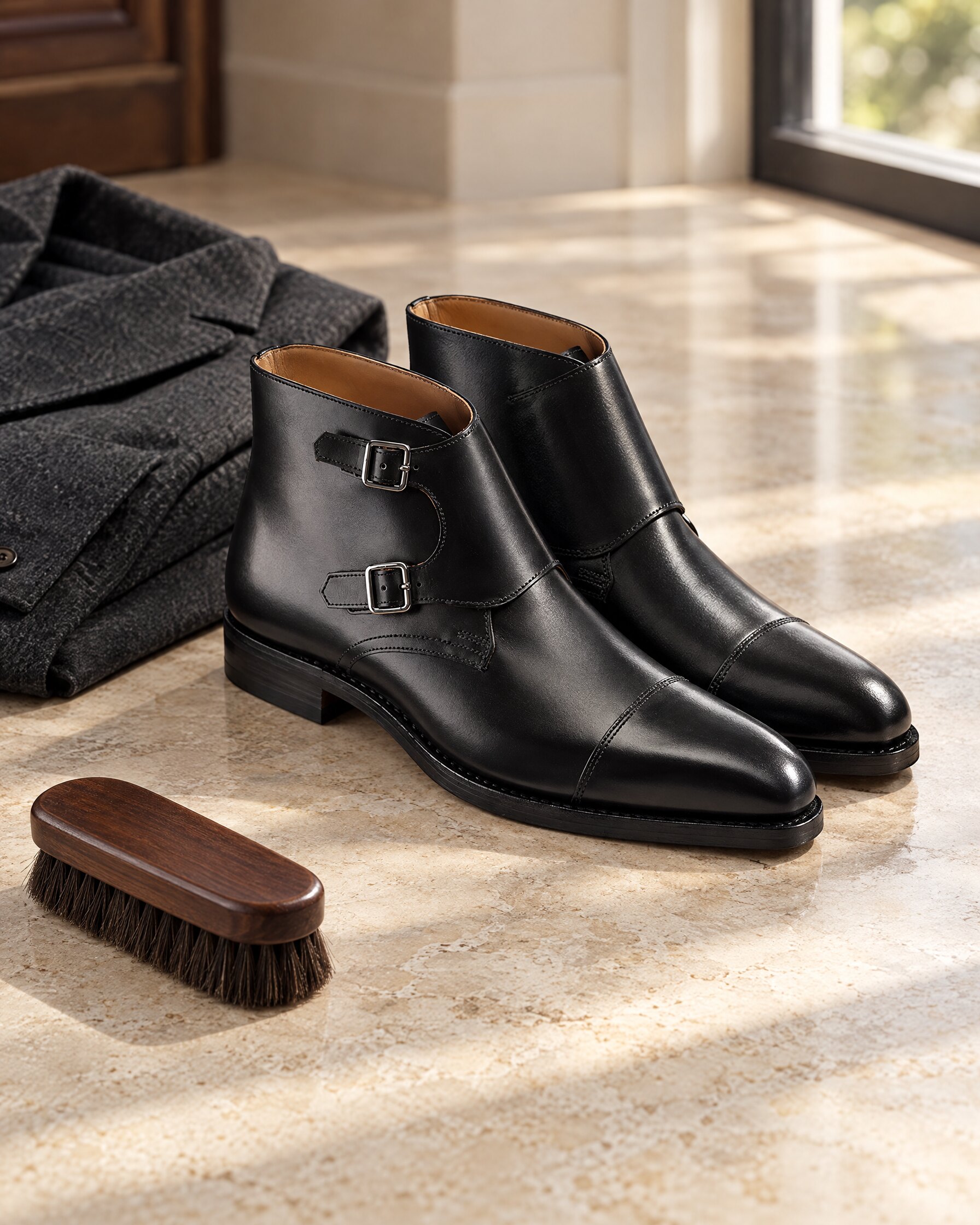 Black calf double monk-strap boots beside a folded charcoal wool jacket on a stone floor