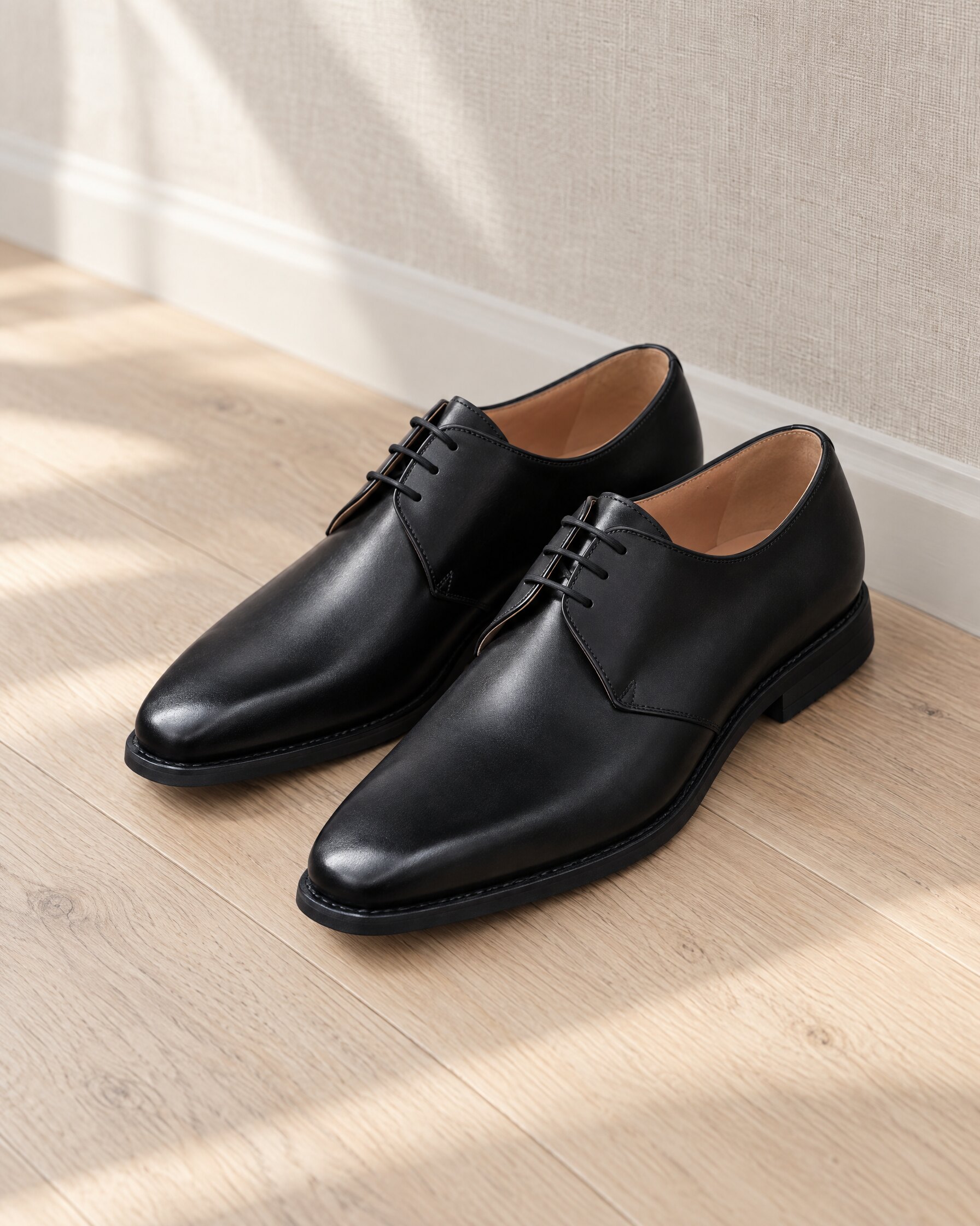 Crockett & Jones Highbury black calf derby shoes on an oak floor in natural light