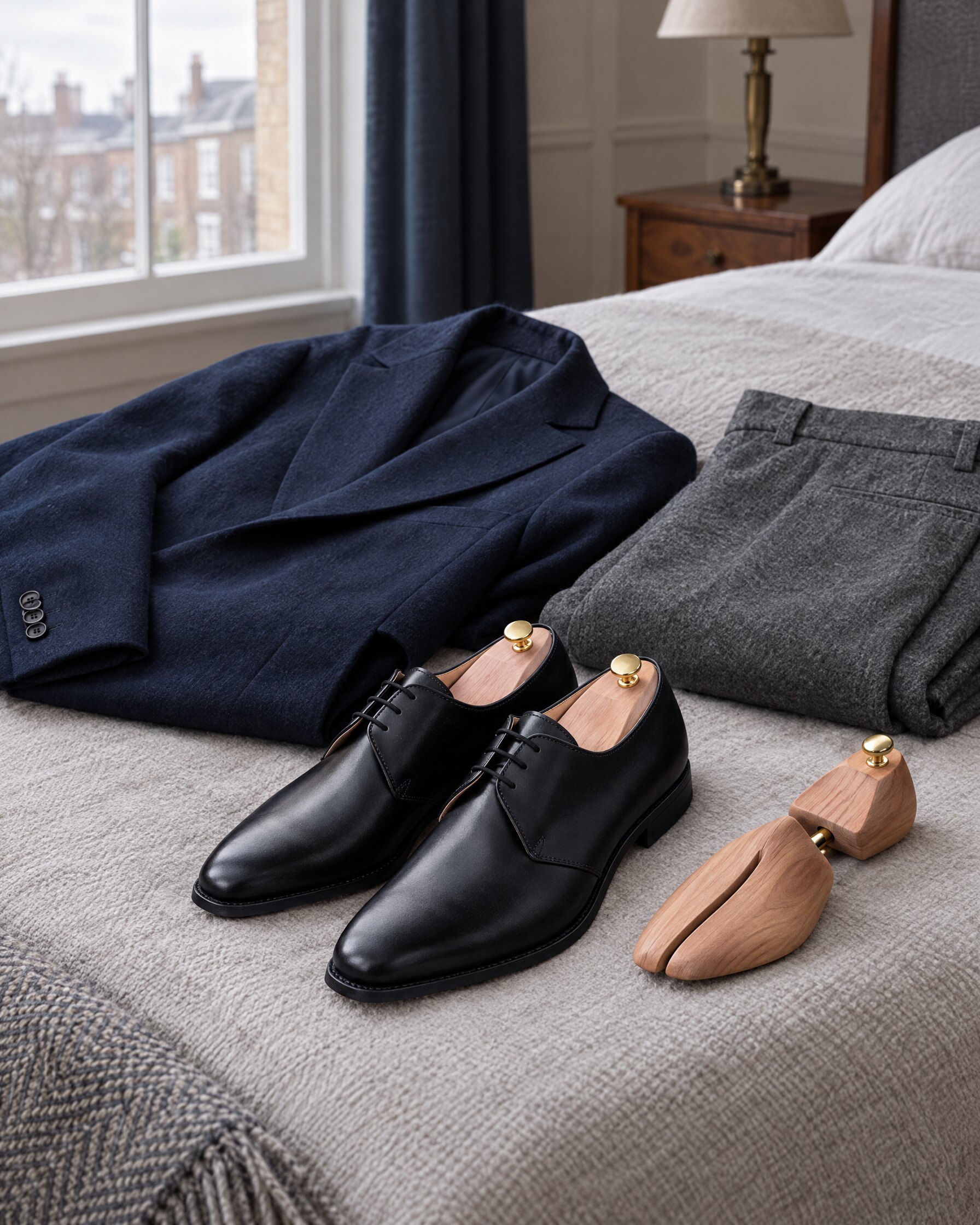 Black calf derby shoes beside a folded navy suit jacket and grey flannel trousers