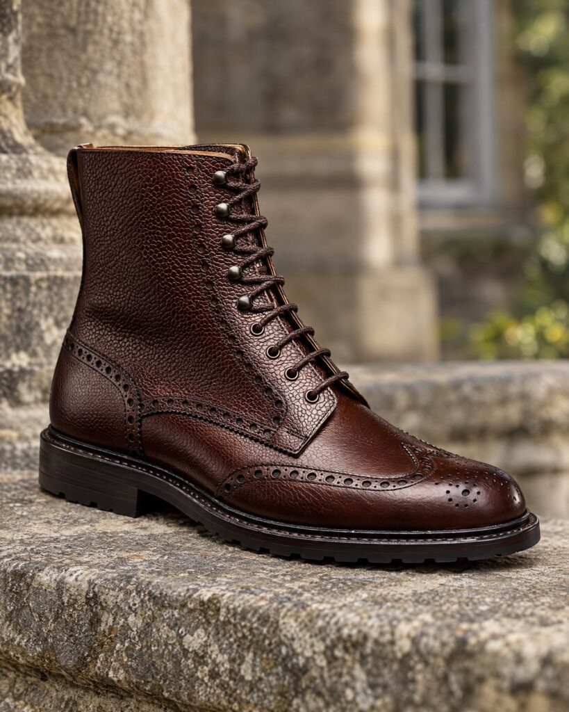 Close-up of the wing tip and punched brogue detail on a dark brown scotch grain derby boot
