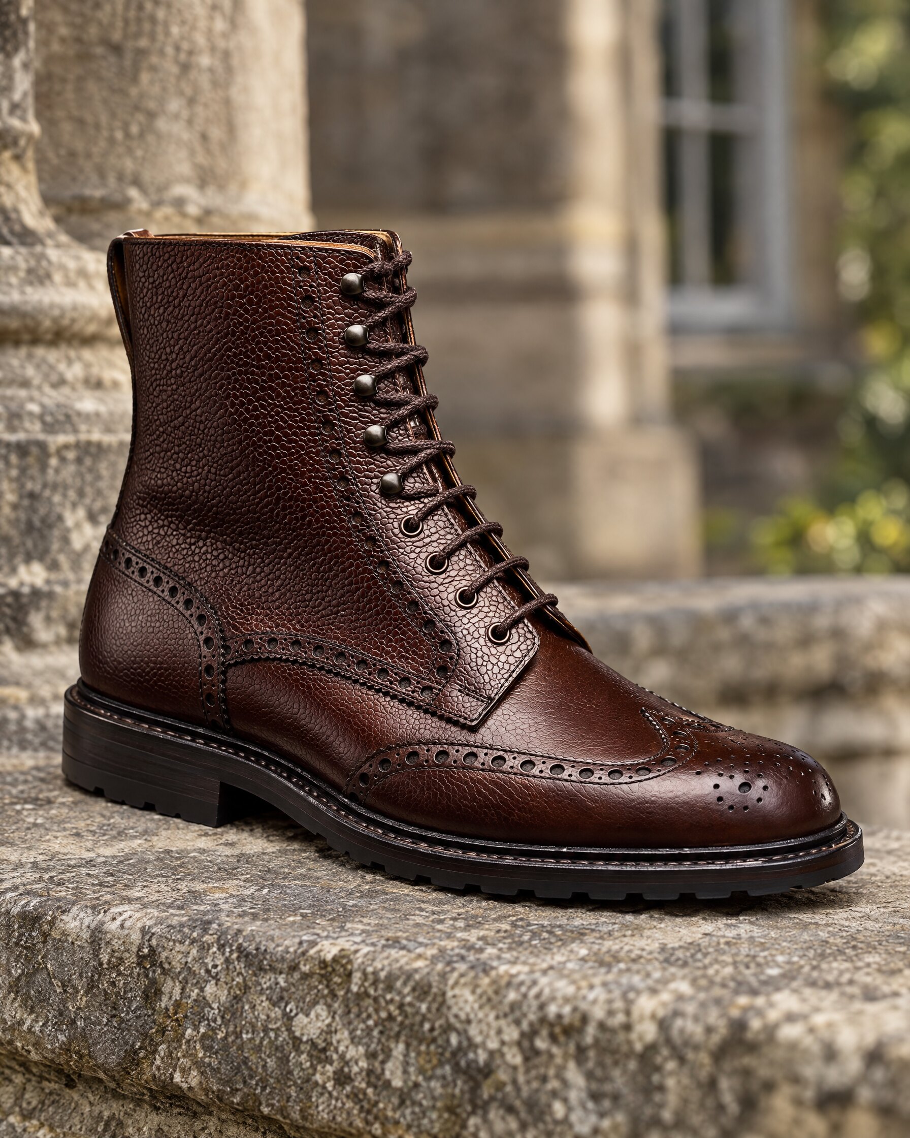 Close-up of the wing tip and punched brogue detail on a dark brown scotch grain derby boot