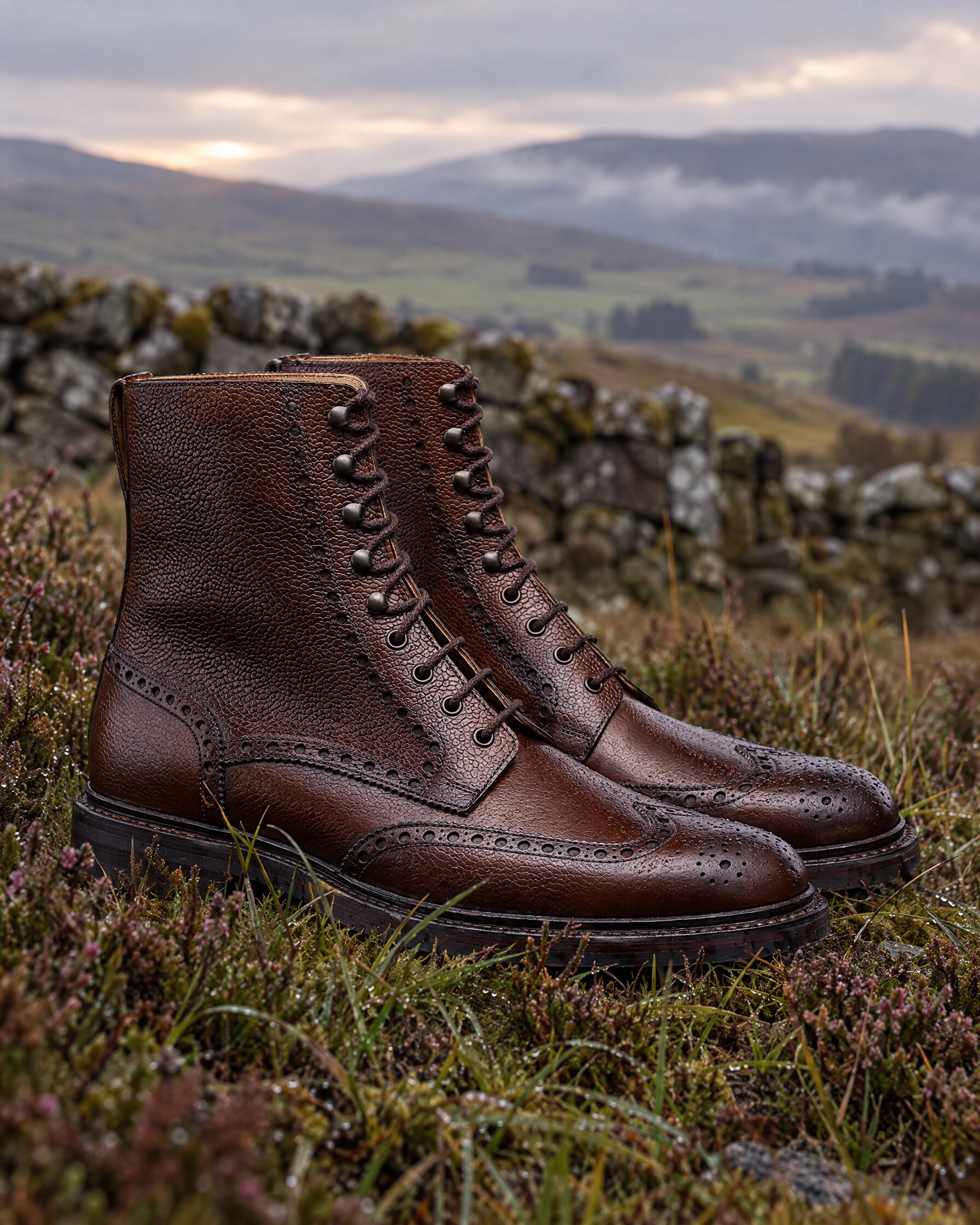 Crockett & Jones Islay boots in dark brown scotch grain on a Highland hillside