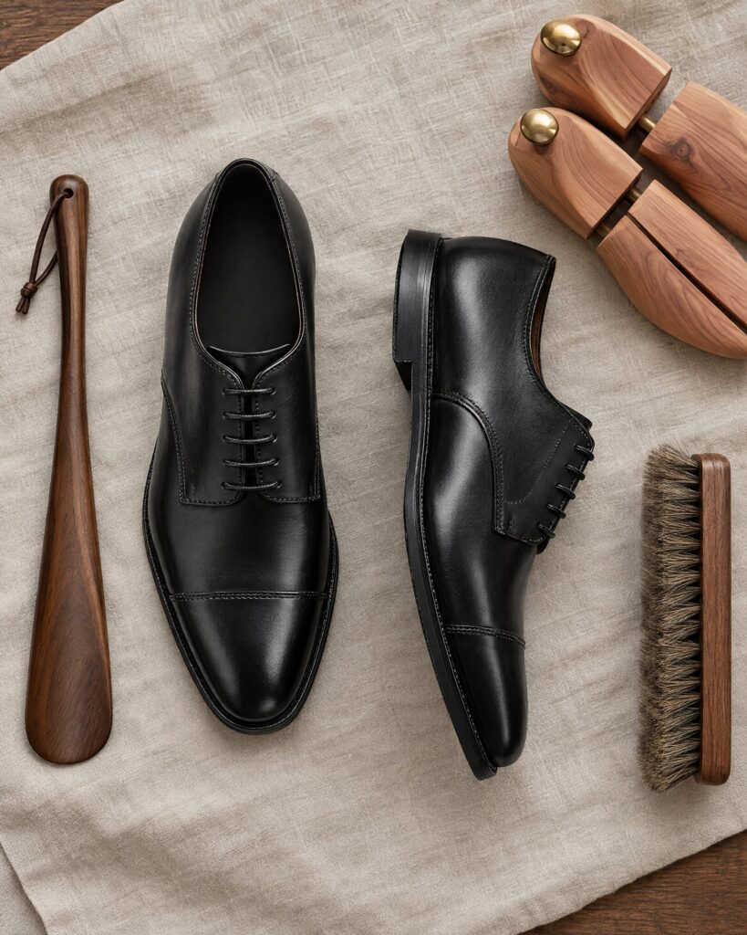 Crockett & Jones Norwich black calf derby shoes in a flat lay with shoe trees and brush