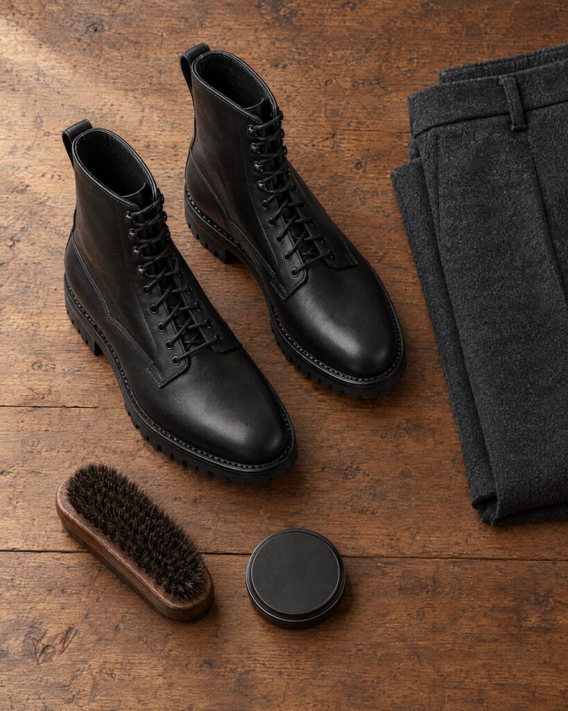 Crockett & Jones Radnor style black calf derby boots with Commando sole in a flat lay with a brush and charcoal flannel