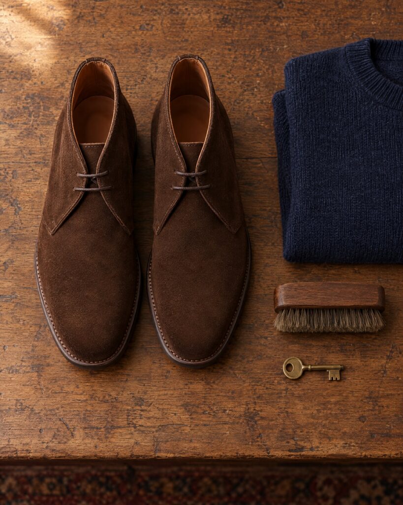 Crockett & Jones Tetbury chukka boots in dark brown suede beside folded navy knitwear