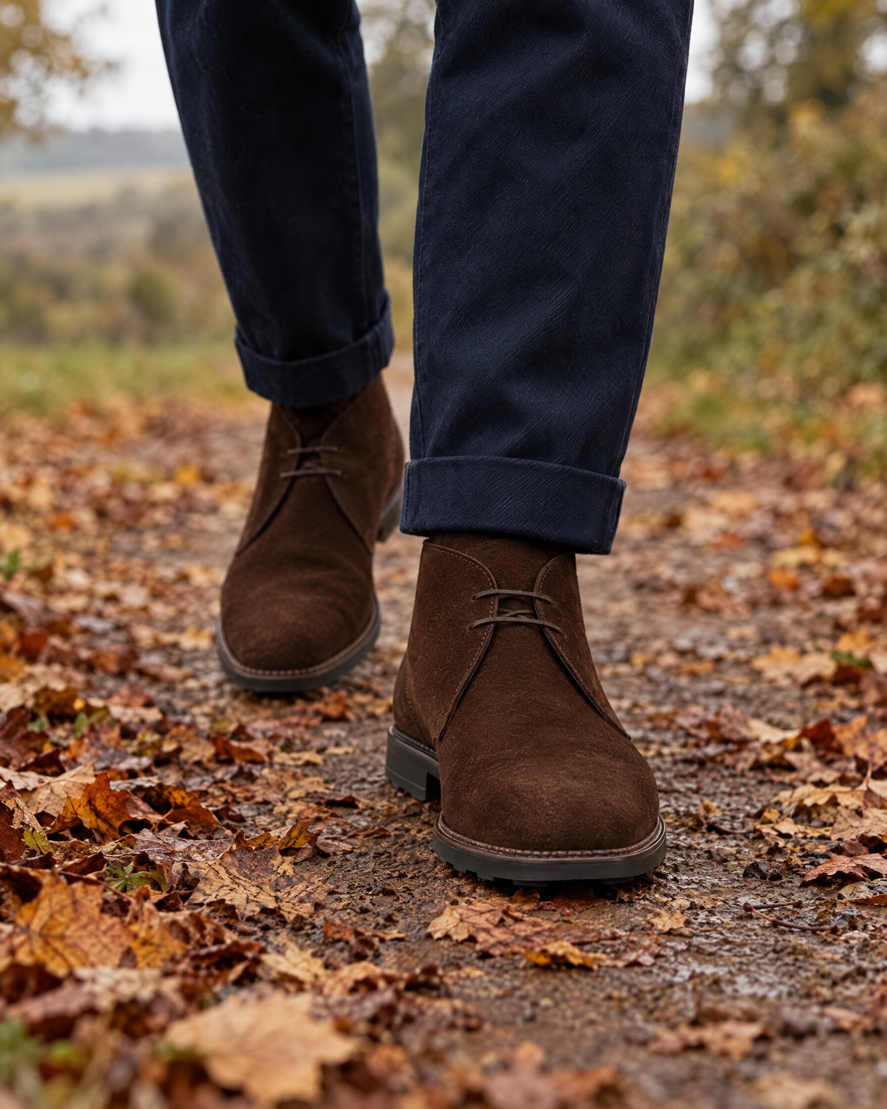 Man in navy trousers walking in dark brown suede chukka boots on an autumn lane, face out of frame