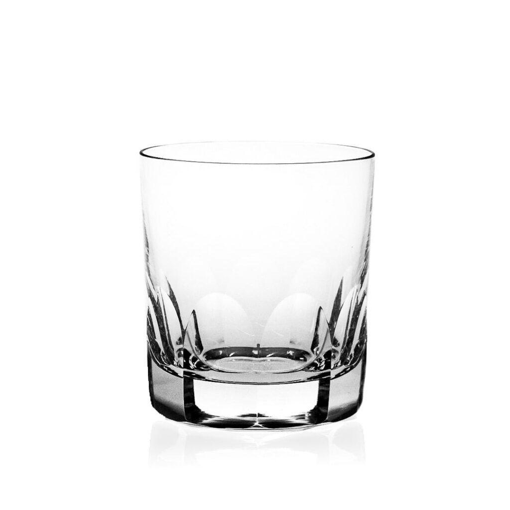 Windermere Double Old Fashioned whisky tumbler with whisky and ice on a walnut desk