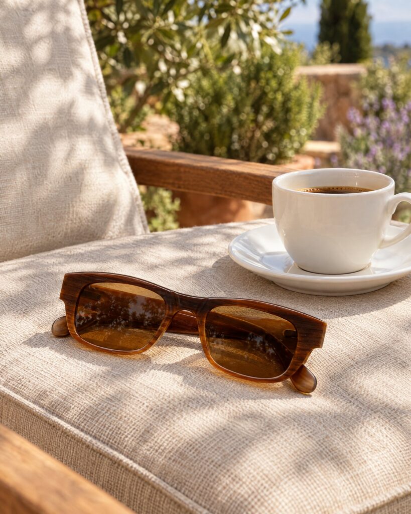 Brown rectangular sunglasses folded on a terrace chair beside a coffee cup