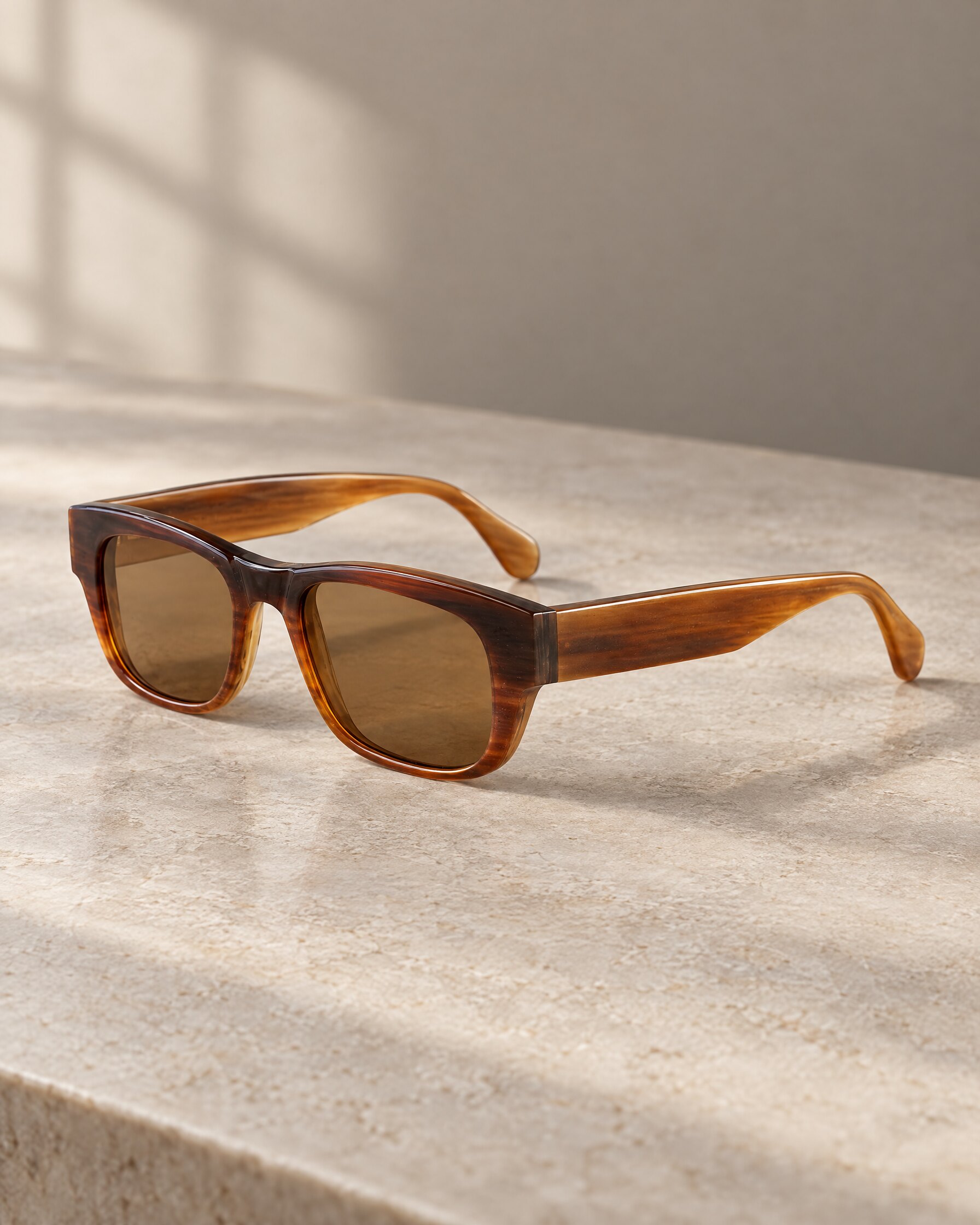Cutler and Gross 0425 sunglasses in toasted brown horn, arms open on a stone surface