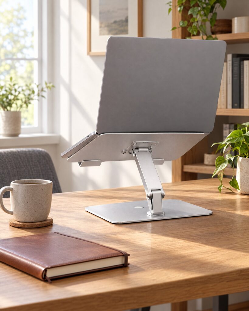 Adjustable aluminium laptop stand on a tidy desk beside a cup and notebook