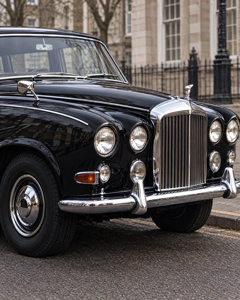 Detail of a black Daimler DS420 limousine front wing and grille