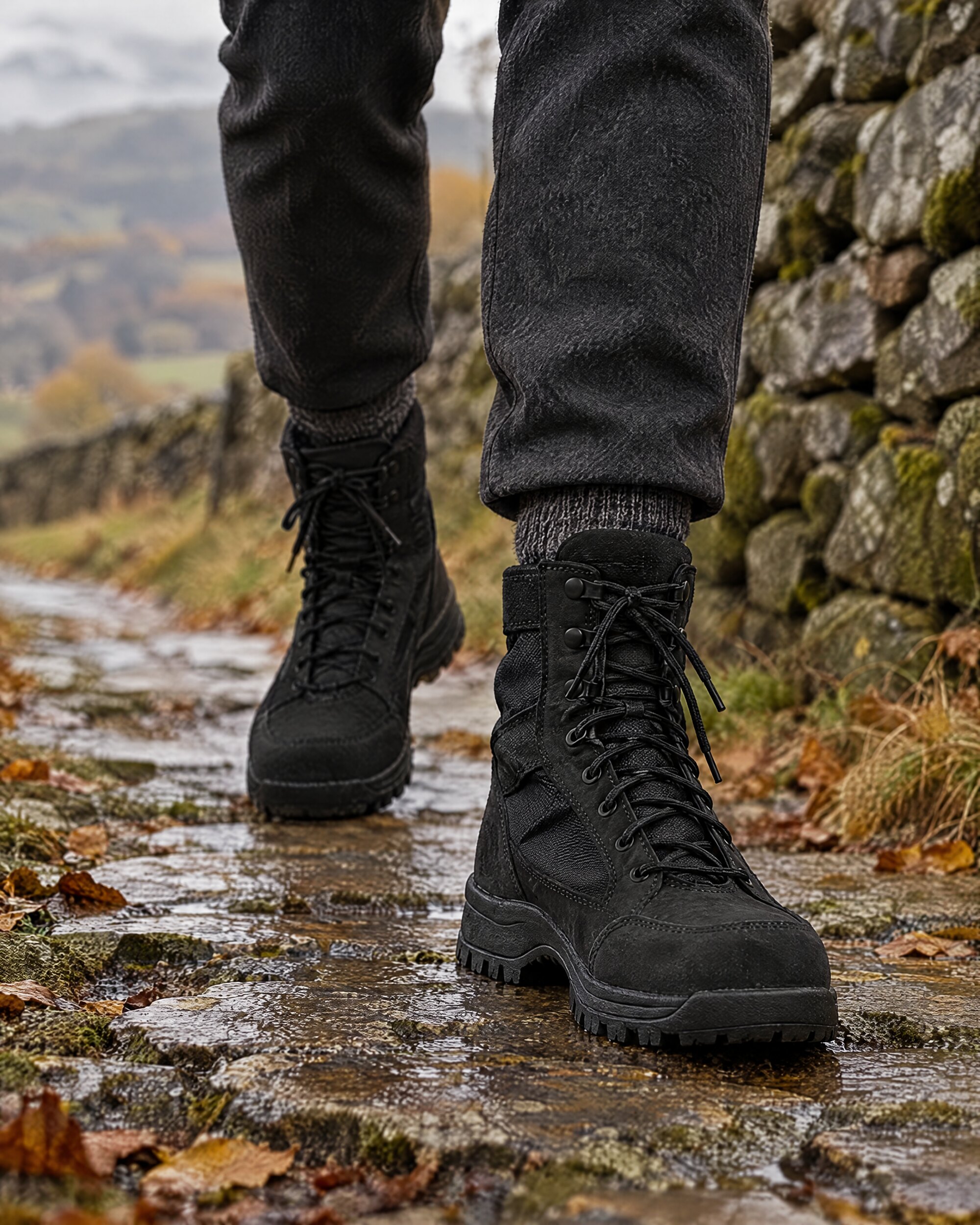 Man in dark trousers walking a country path in black Danner 007 Tanicus boots