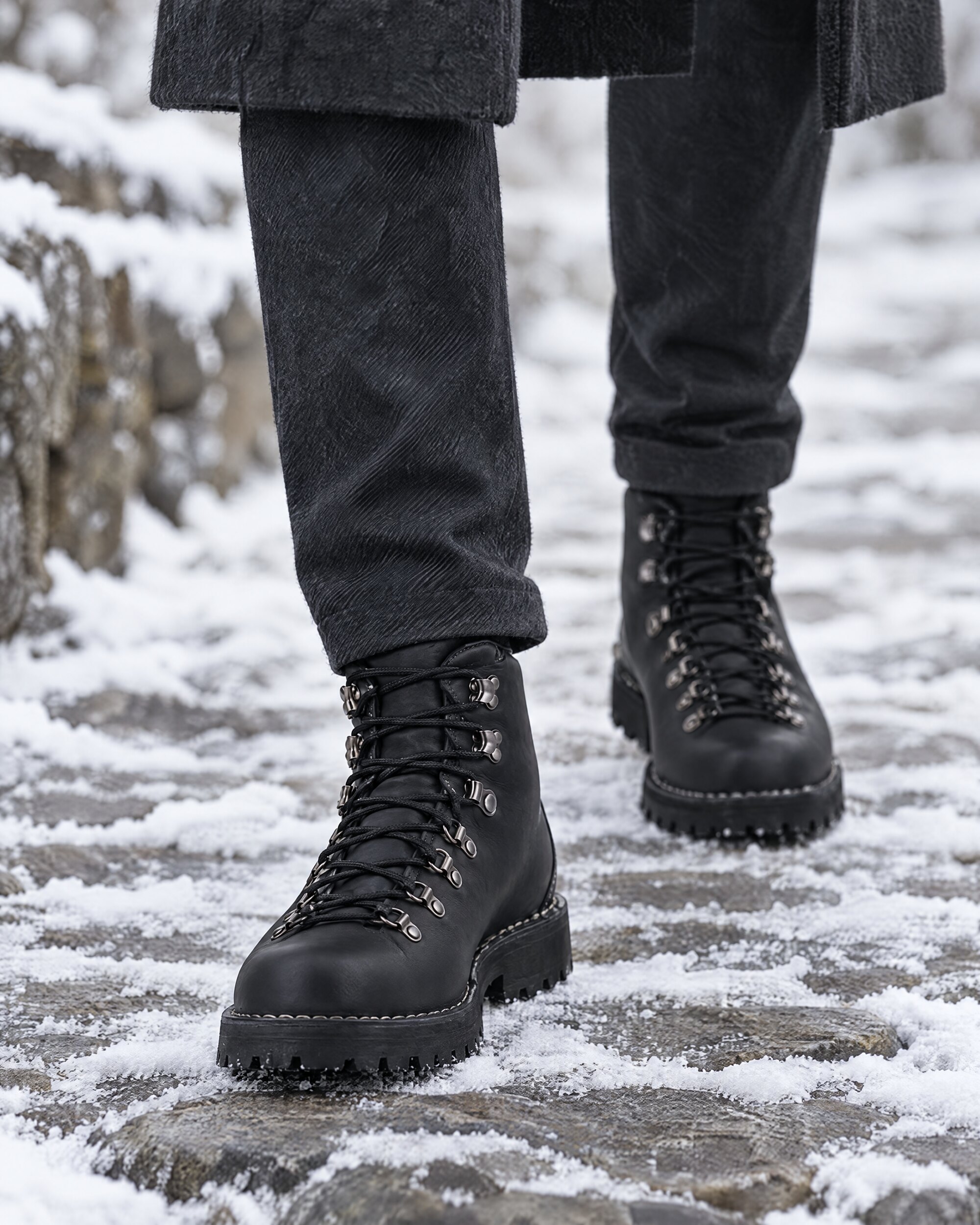 Man walking on a snowy path in black leather hiking boots and charcoal trousers