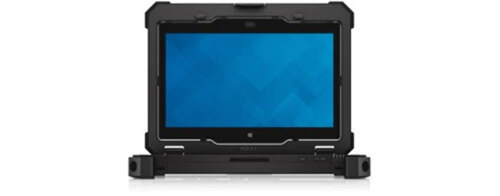 Close detail of the rubber corner bumper and port latch on a rugged black convertible laptop