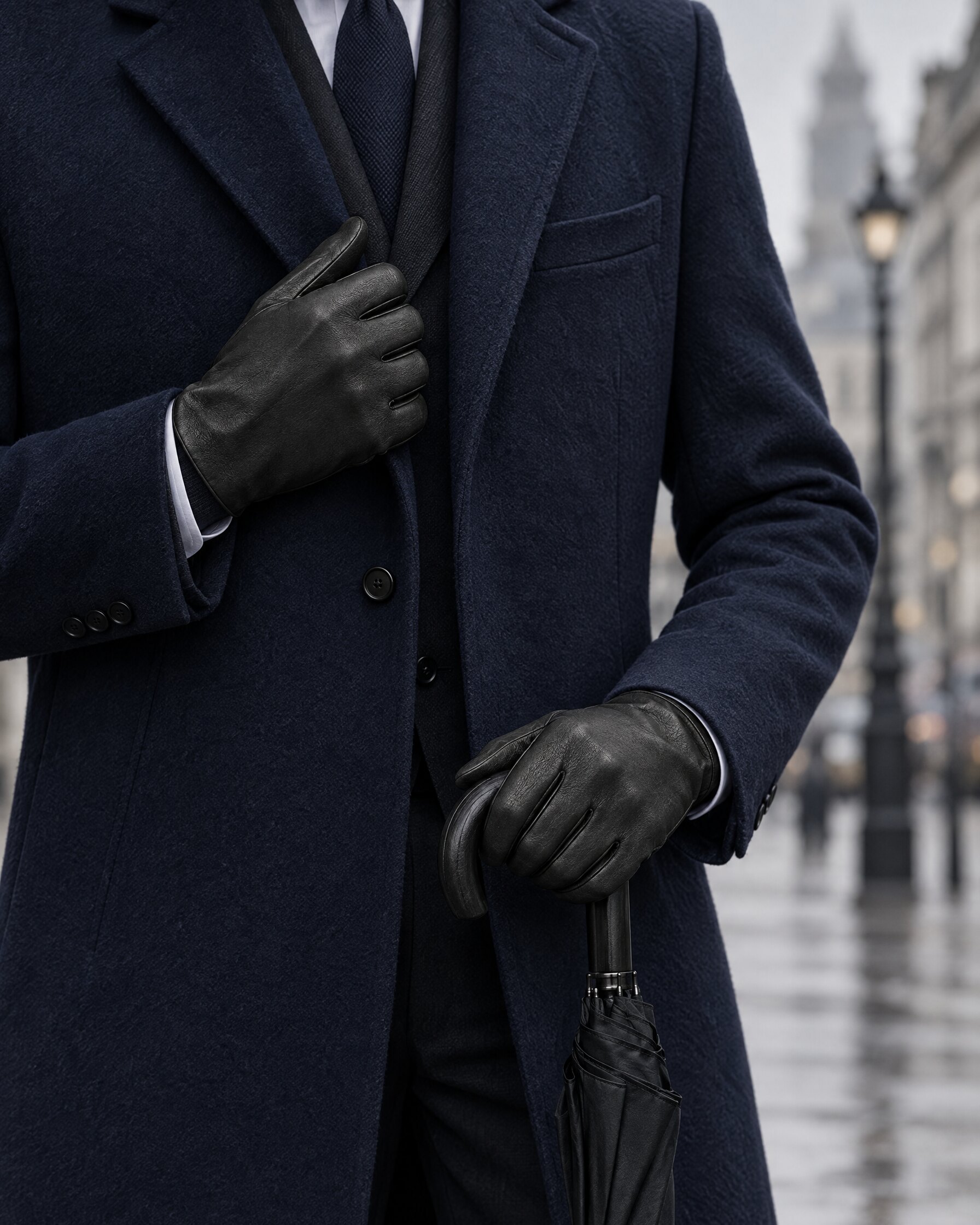 Man in a navy overcoat wearing black unlined leather gloves, face out of frame, on a quiet city street