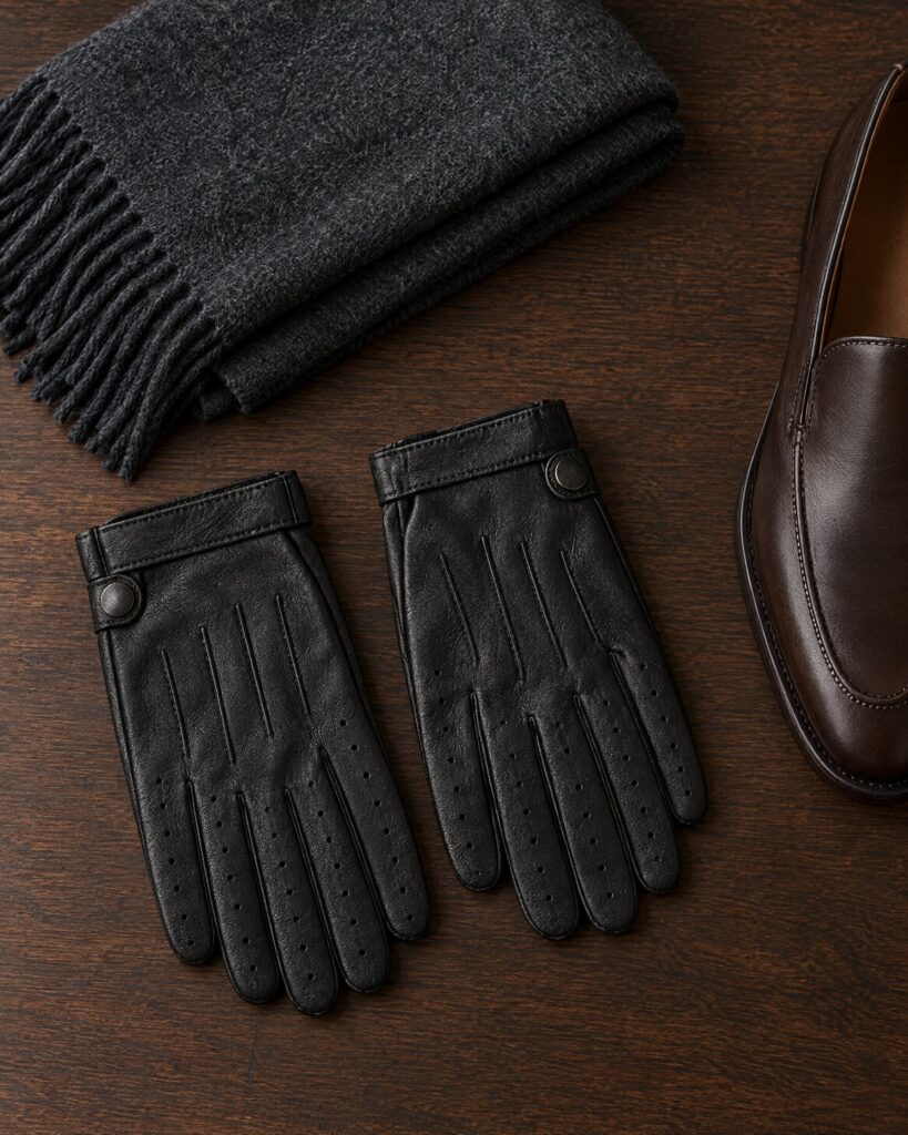 Pair of black Dents Fleming driving gloves laid flat on a dark oak table beside a folded charcoal scarf