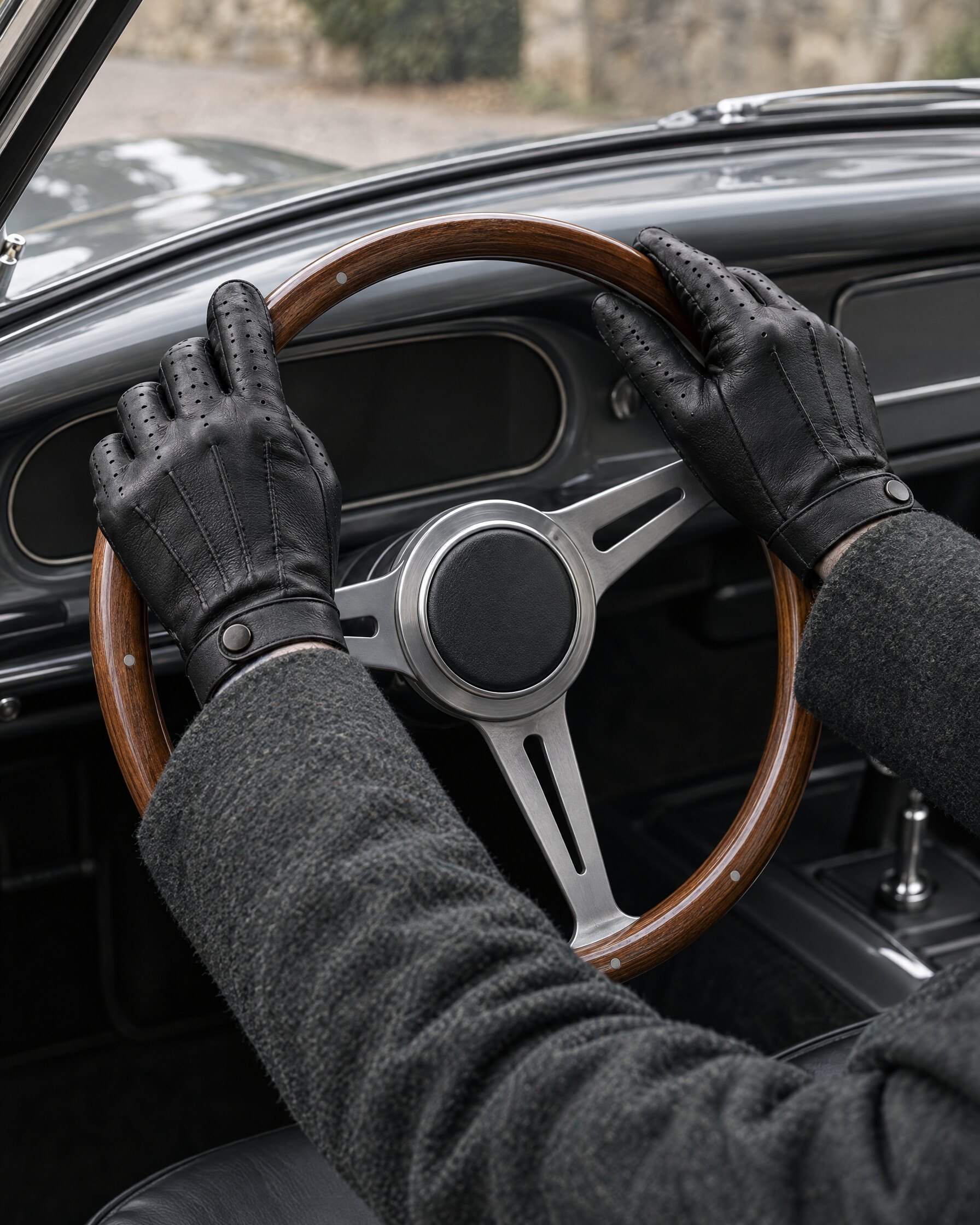 Hands in black leather driving gloves resting on a wood-rimmed steering wheel