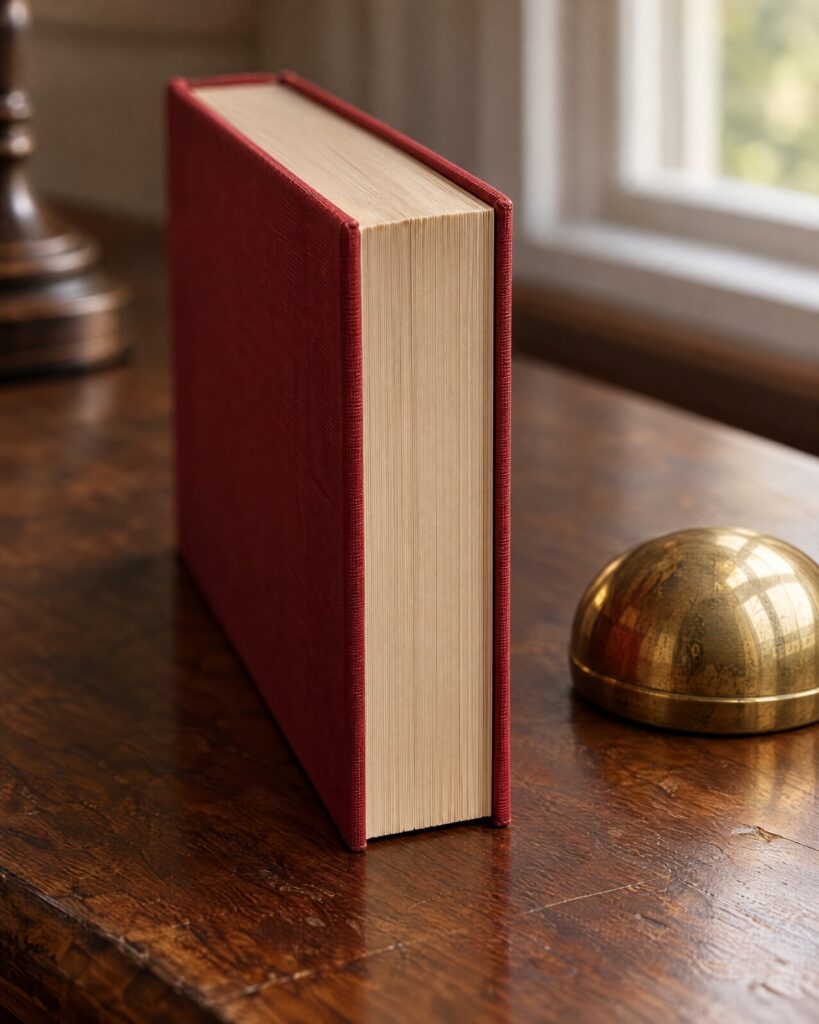 Closed hardback novel on a walnut desk beside a brass paperweight, for Devil May Care by Sebastian Faulks