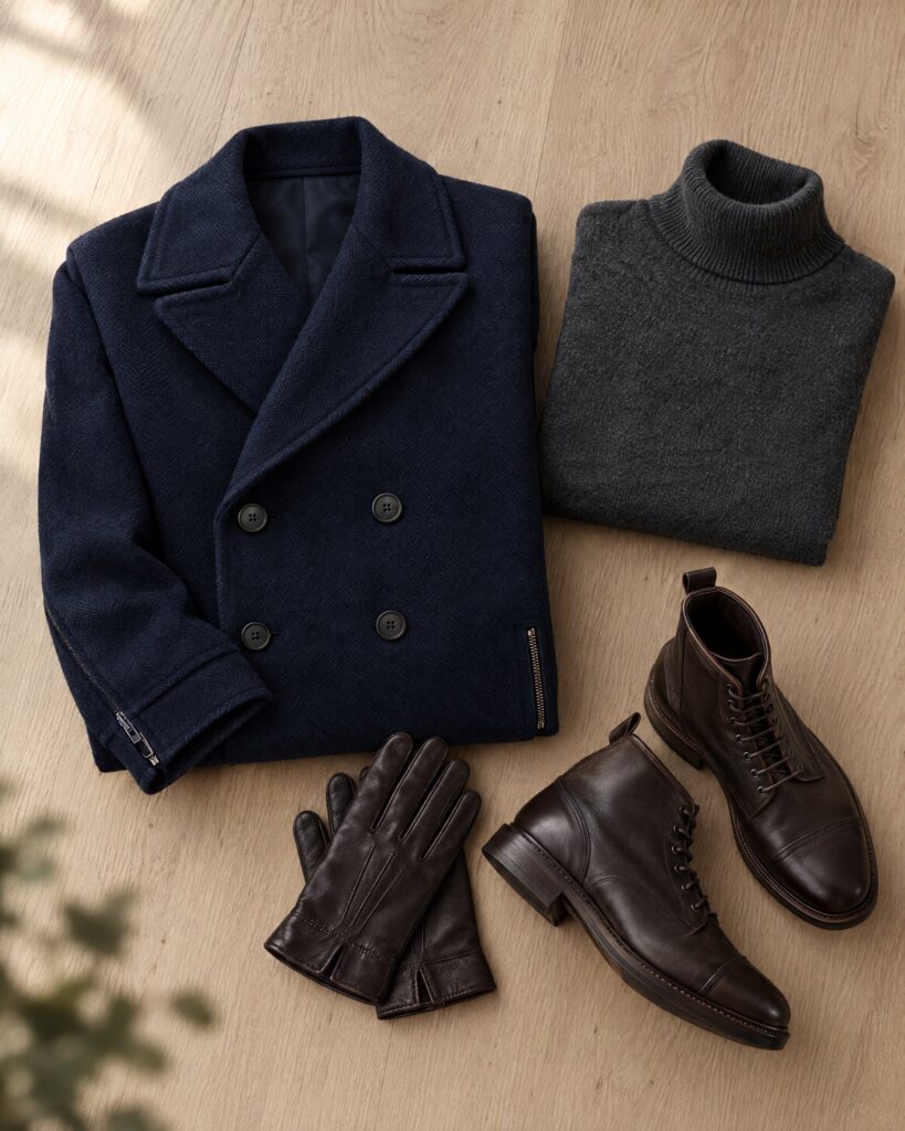 Navy peacoat-style jacket with zippered sleeves flat lay beside a grey roll neck and leather boots
