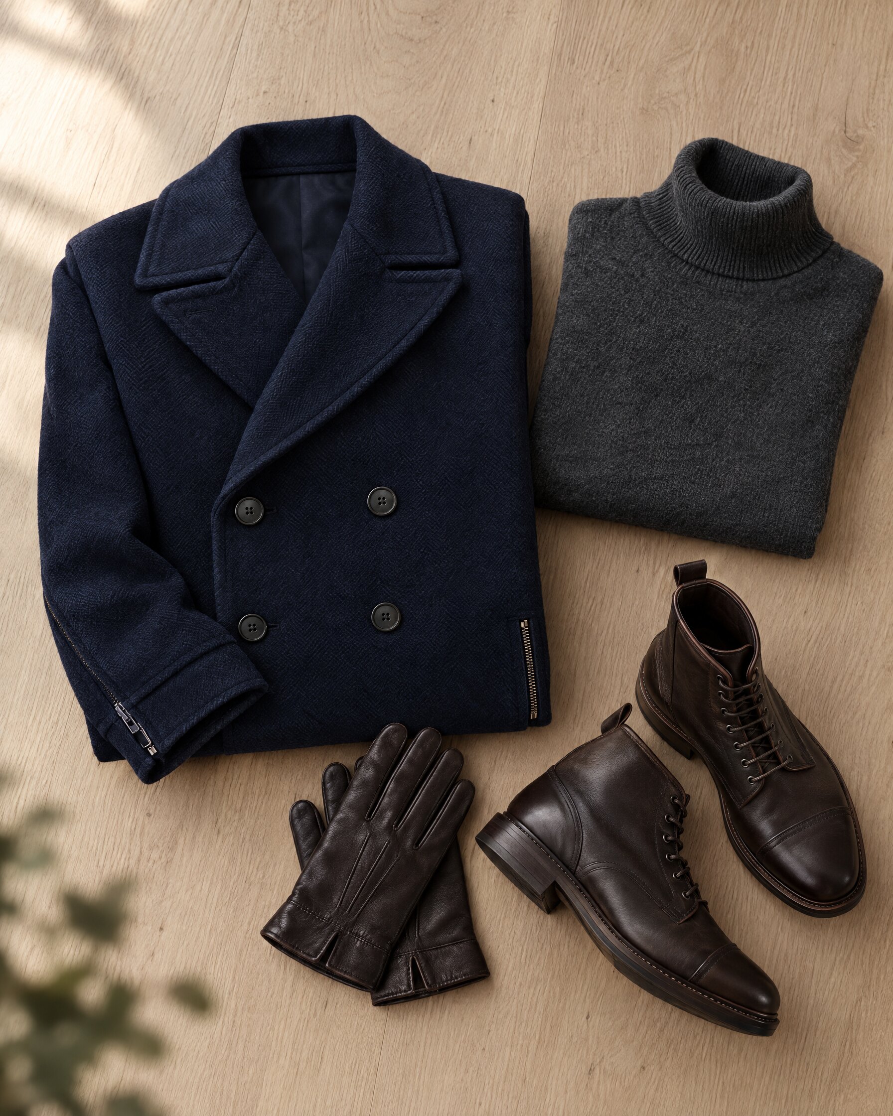 Navy peacoat-style jacket with zippered sleeves flat lay beside a grey roll neck and leather boots