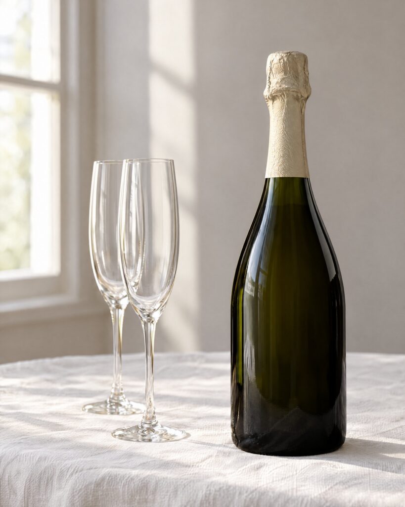 Dark champagne bottle seen from behind beside two flutes on white linen