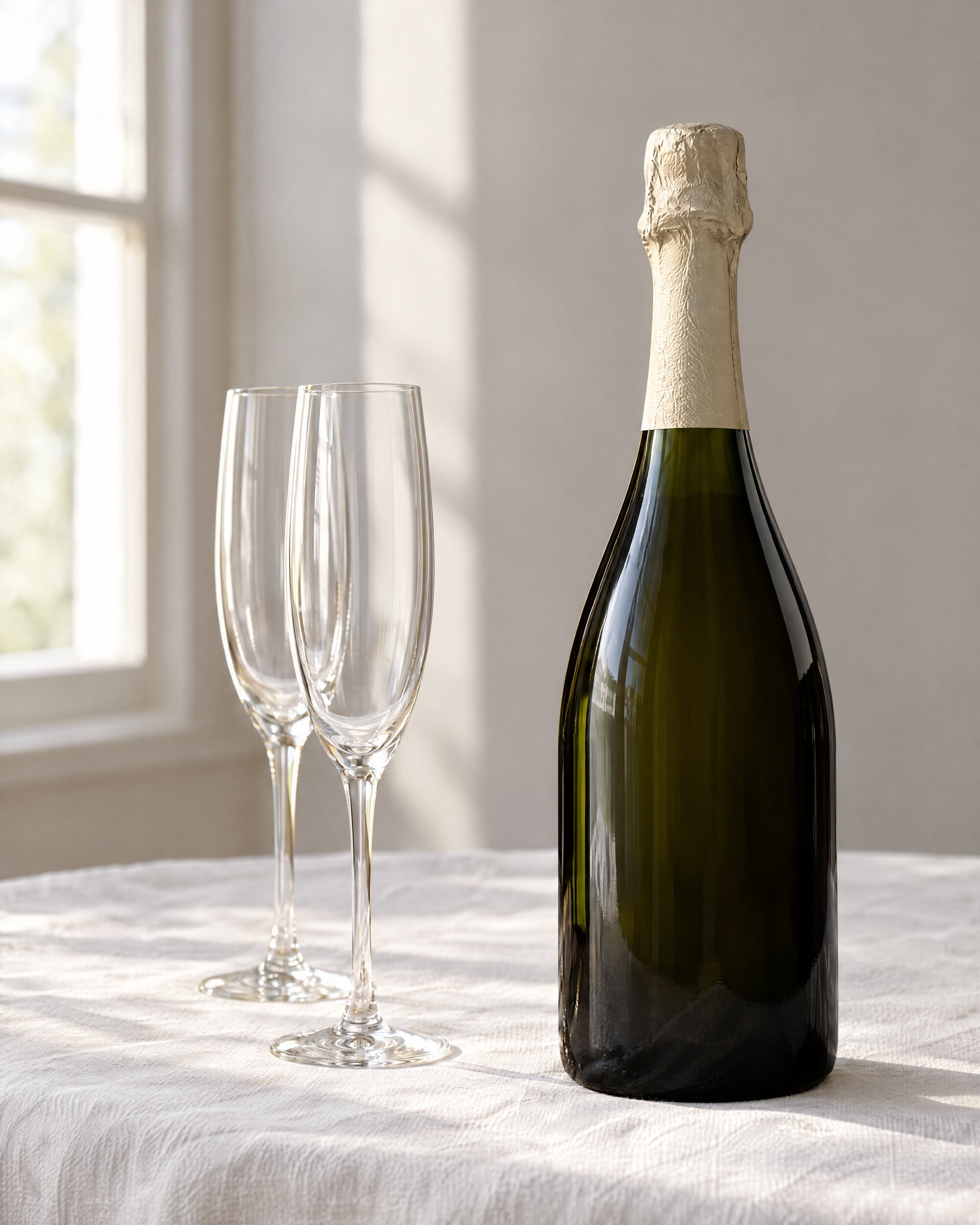 Dark champagne bottle seen from behind beside two flutes on white linen