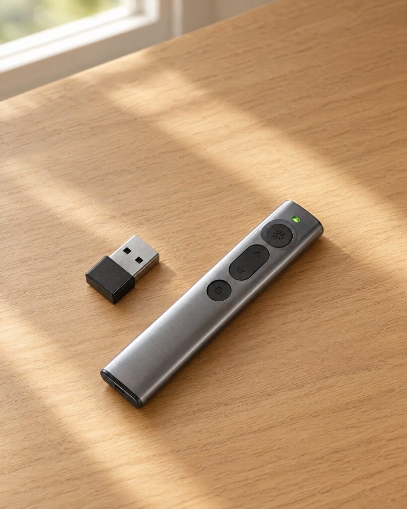 Doosl DSIT032 presenter remote in brushed aluminium on an oak desk