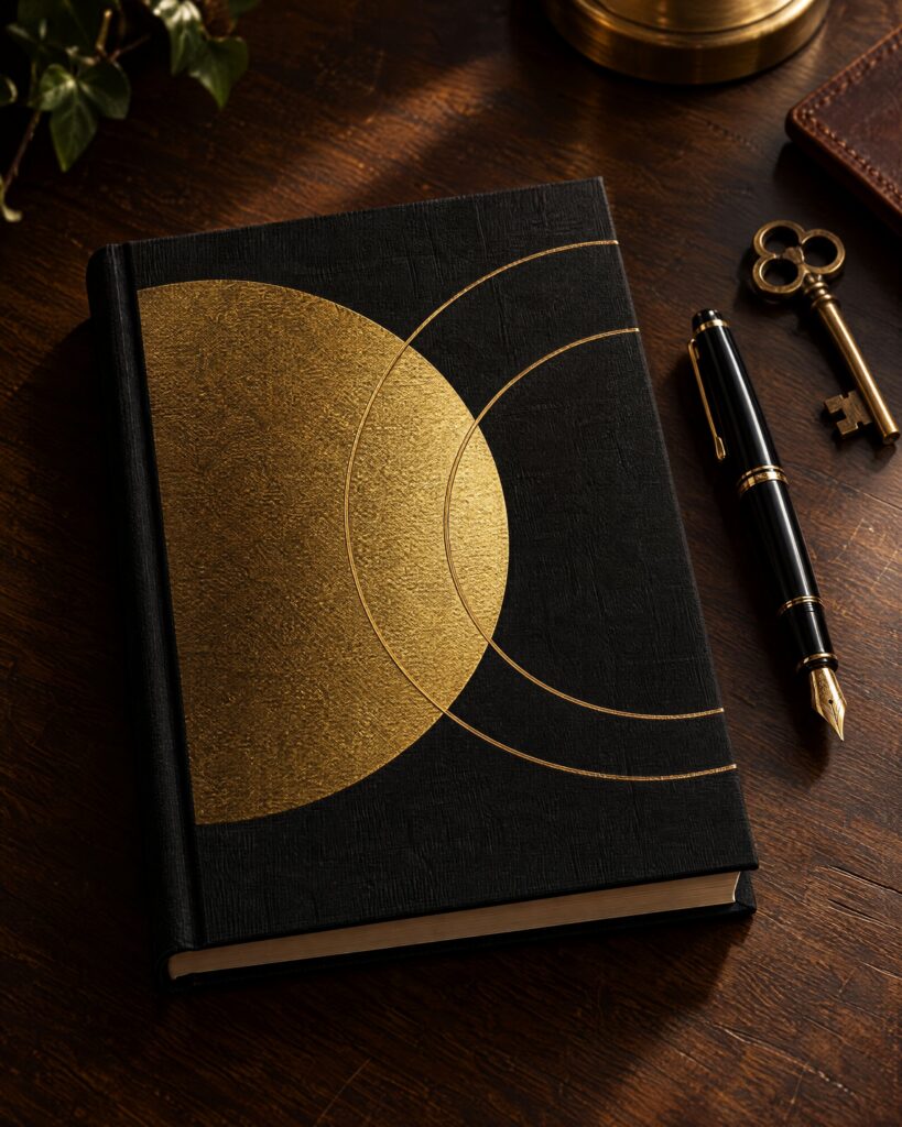 Black hardback novel with a gold foil pattern on a dark desk beside a fountain pen
