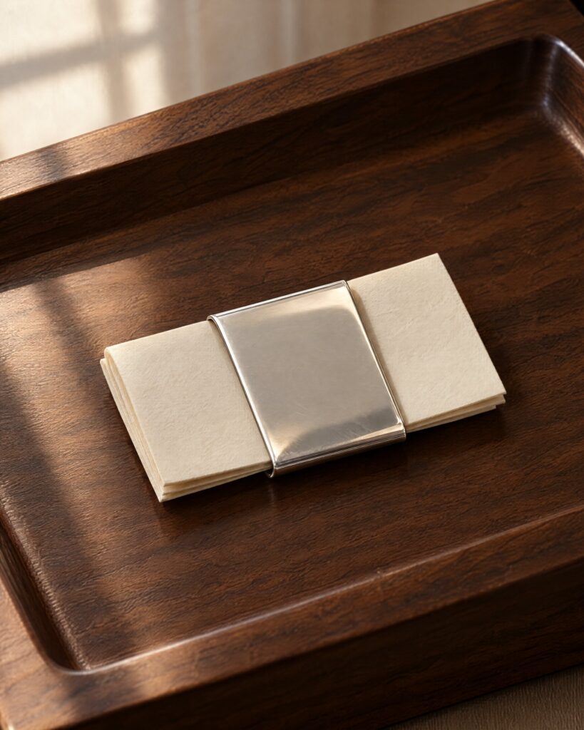 Douglas Pell money clip in sterling silver on a walnut tray