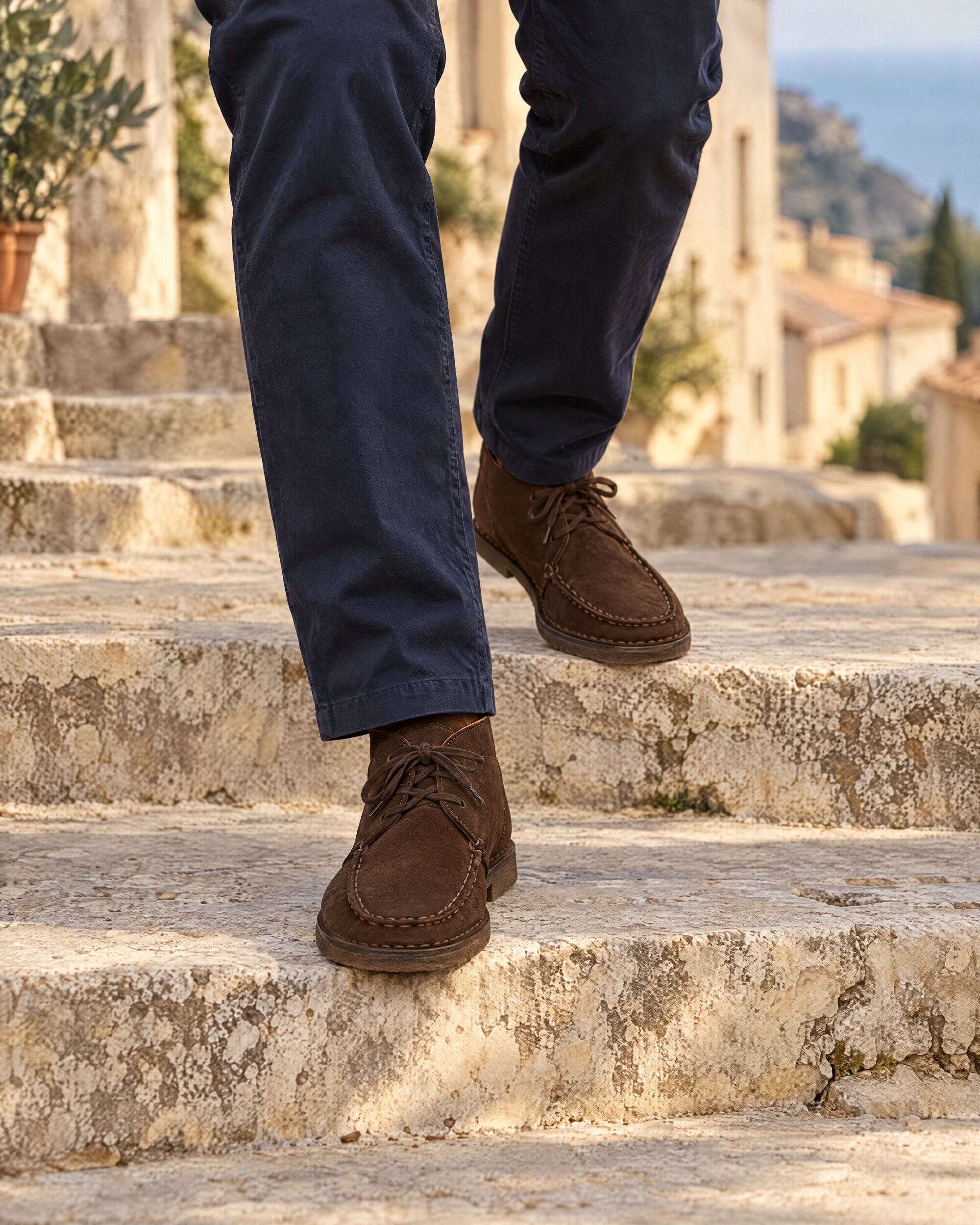 Man in navy trousers and brown suede chukka boots walking down pale stone steps