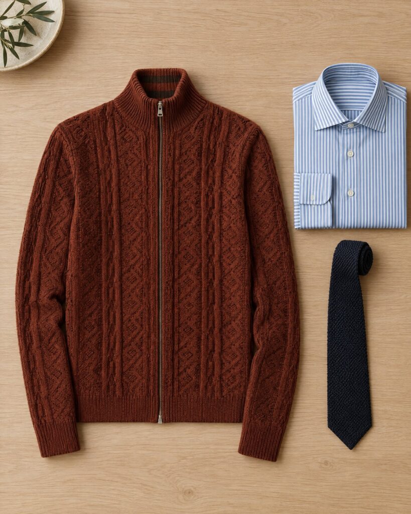 Rust zip-front cardigan beside a striped shirt and knitted tie