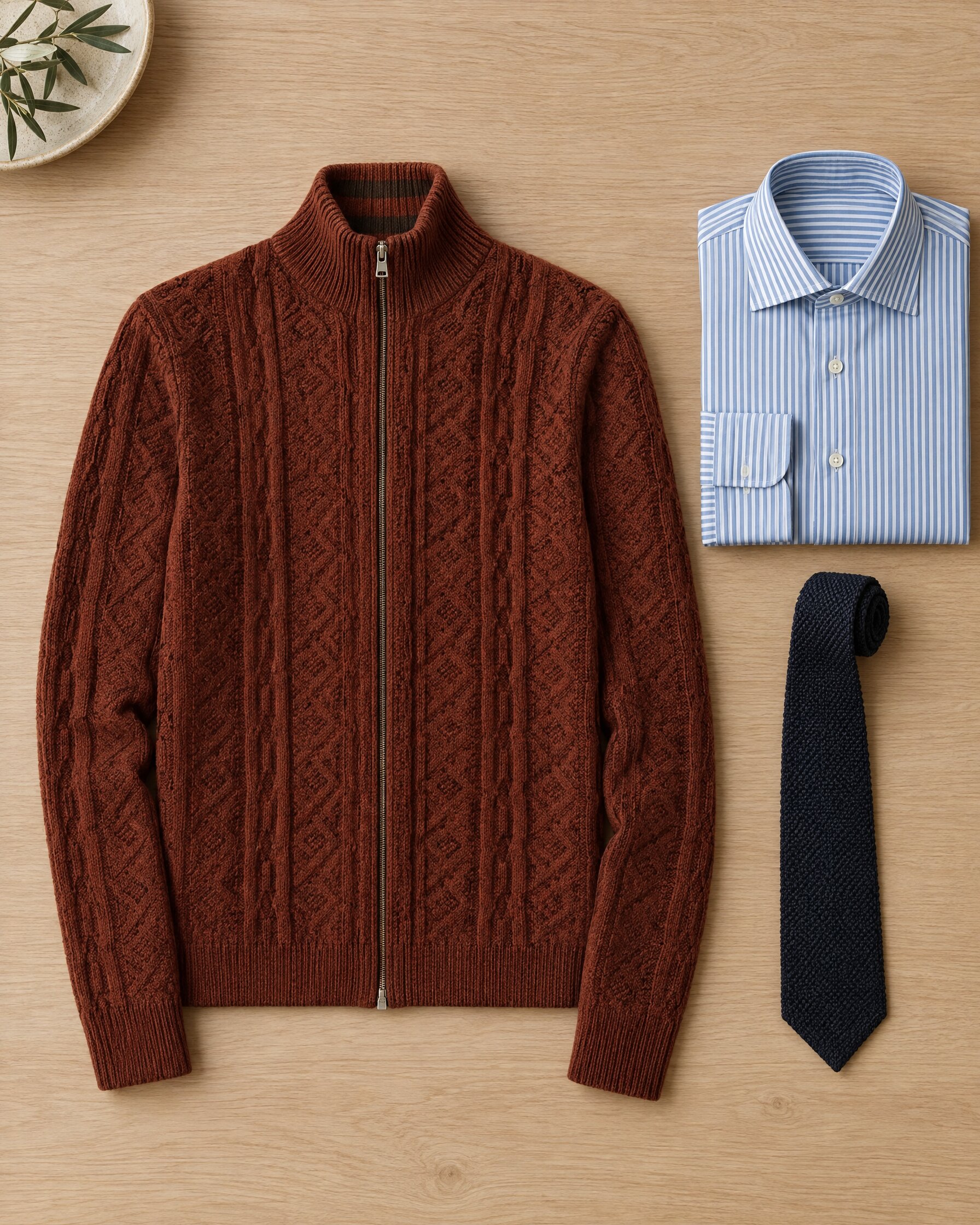 Rust zip-front cardigan beside a striped shirt and knitted tie
