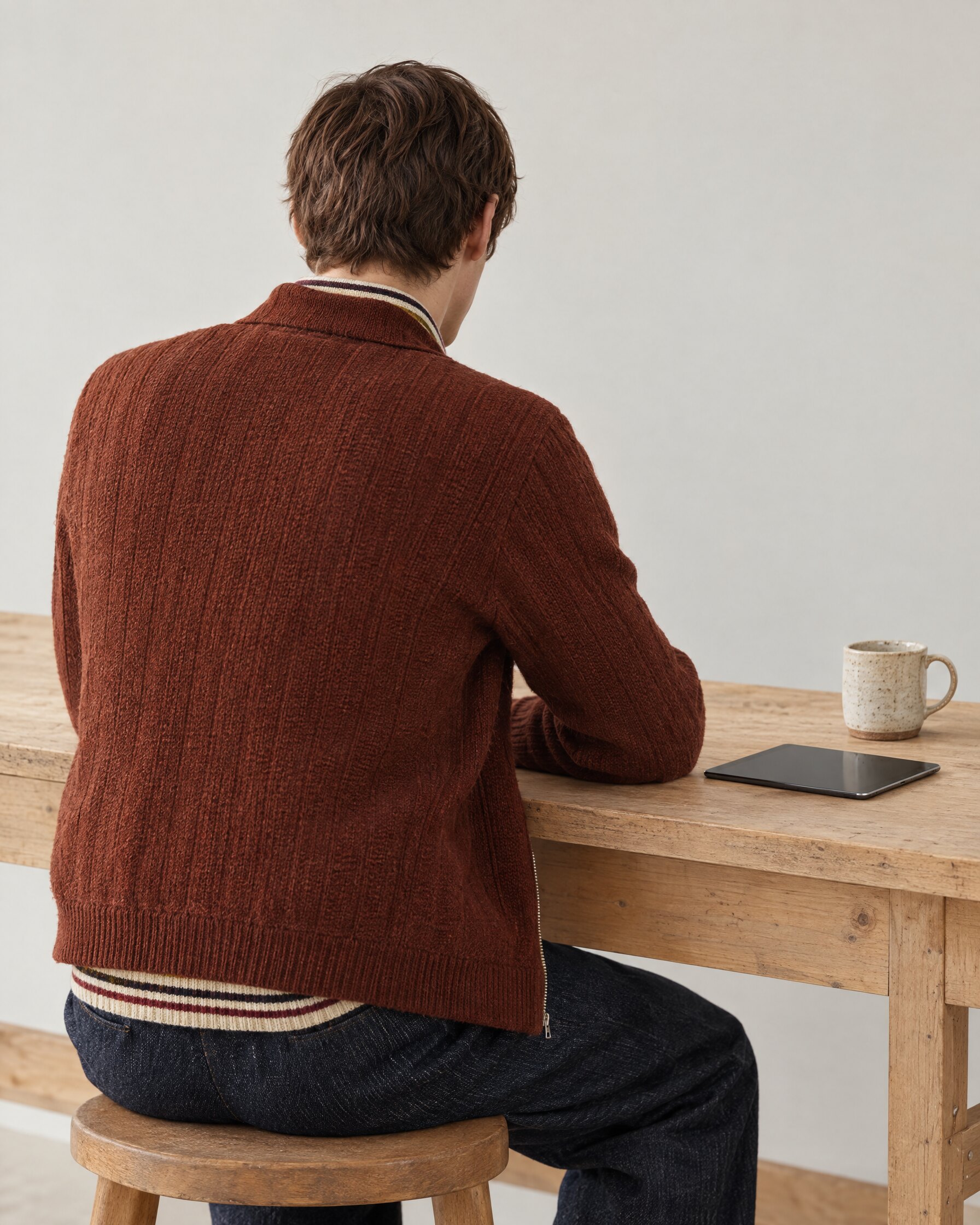 Man in a rust zip cardigan seen from behind at a workbench