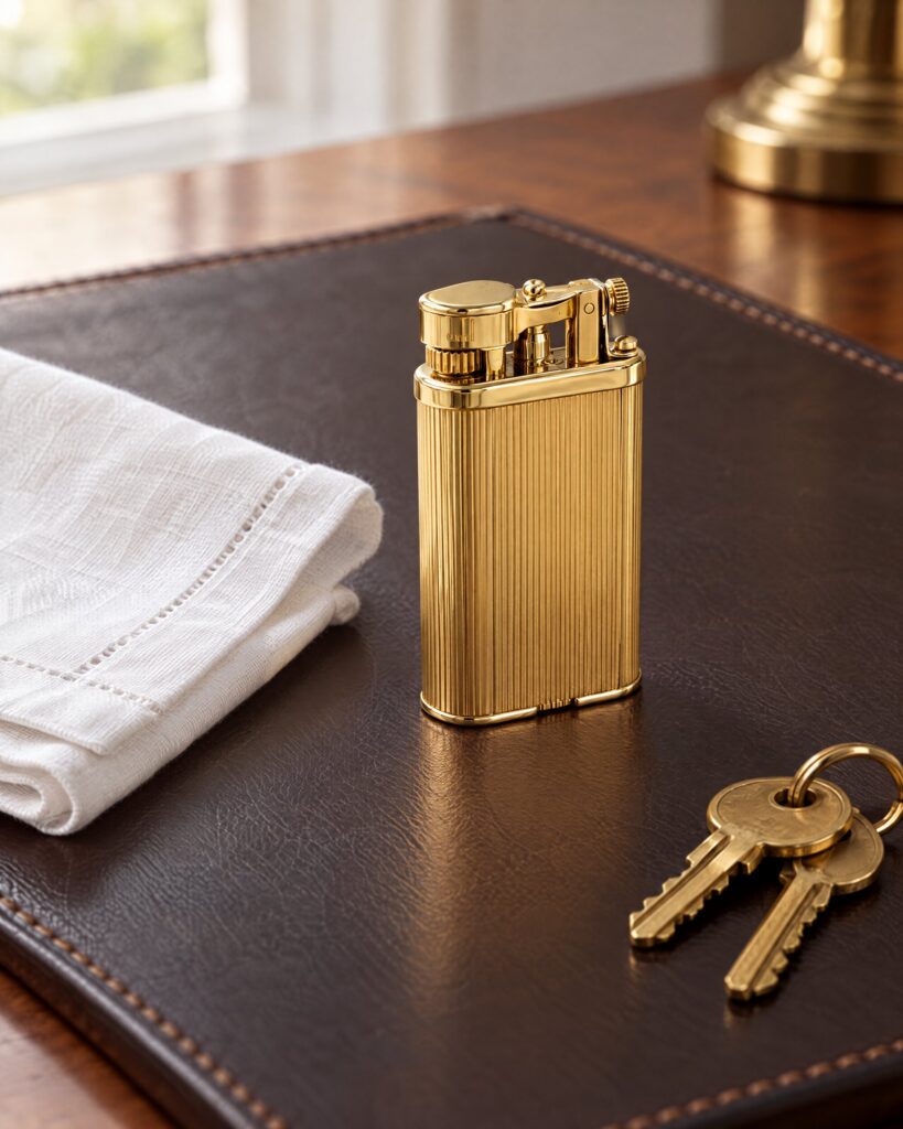 Gold Dunhill Unique Sports style lighter on a leather desk blotter