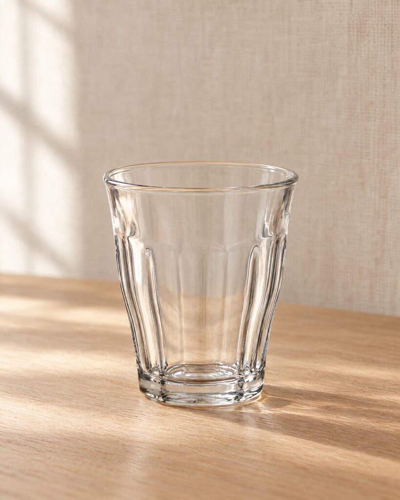 Duralex Picardie tumbler, 31cl clear glass, on a pale oak surface in soft morning light