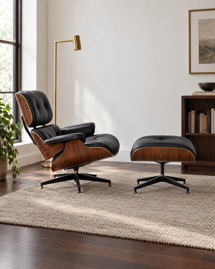Eames Lounge Chair and Ottoman in black leather and walnut in a quiet study
