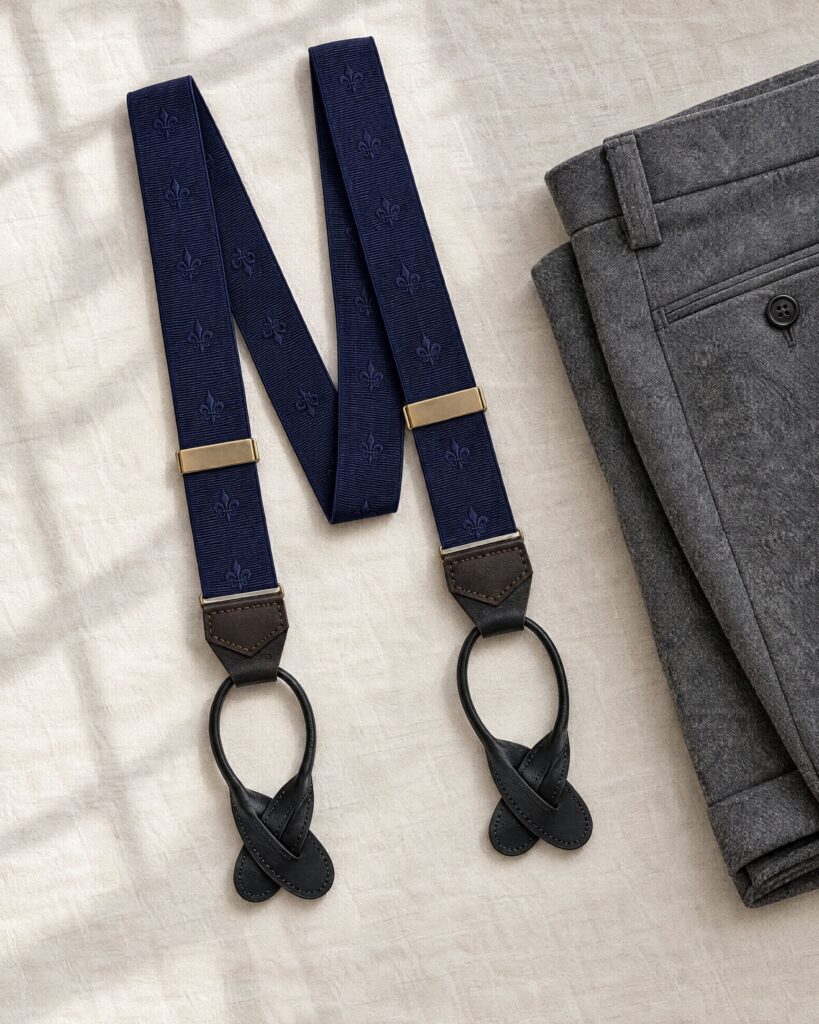 Ede & Ravenscroft Fleur De Lys braces in navy on grey flannel trousers