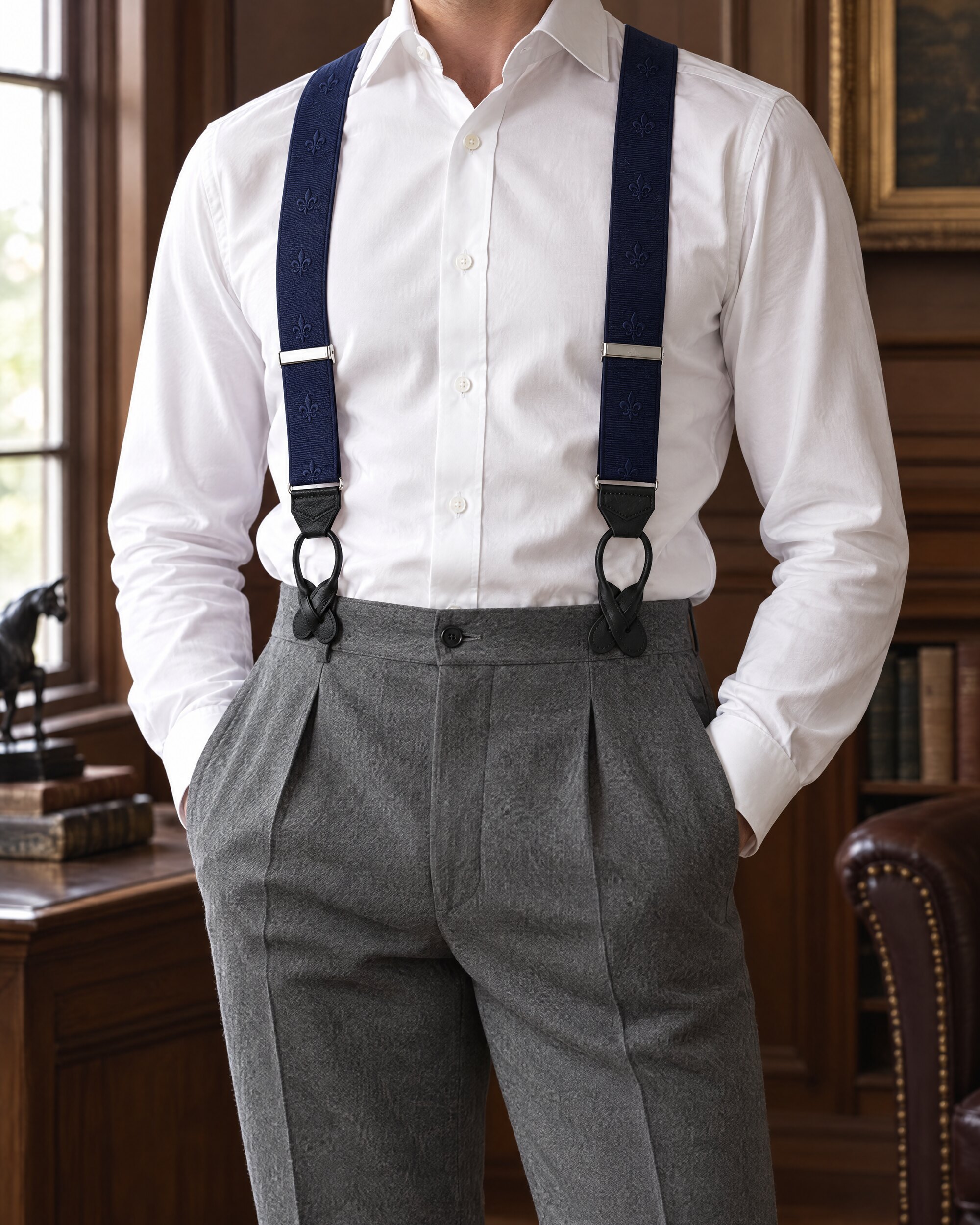 Man in navy braces, white shirt and grey trousers, photographed from the chest down