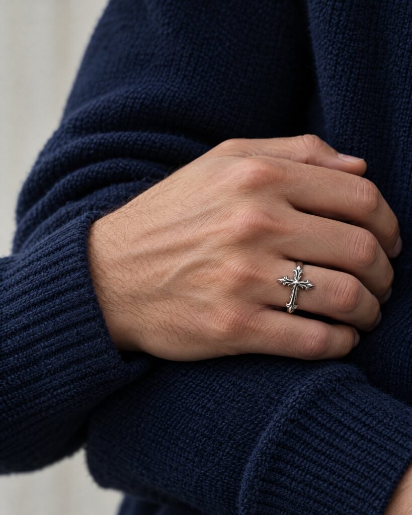 Silver cross ring worn on the right hand with a navy knit
