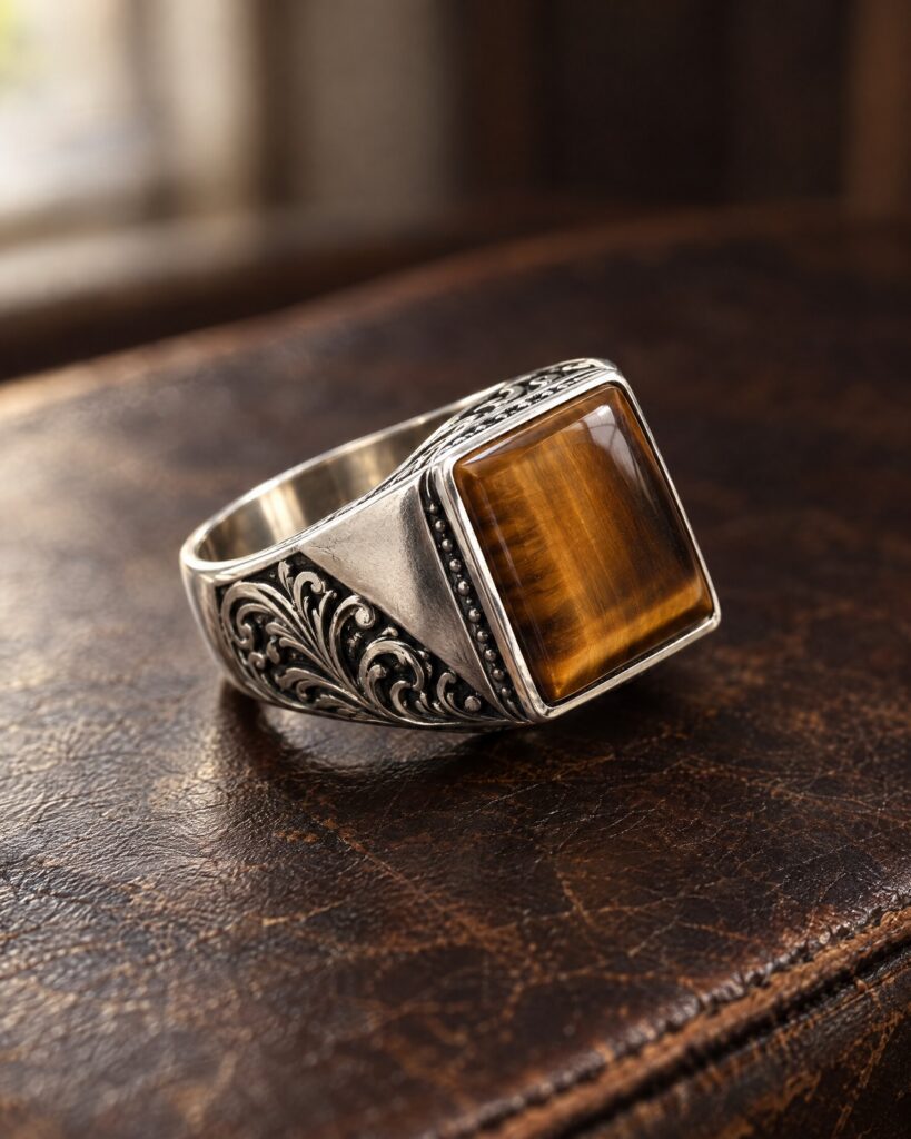 Close-up of a sterling silver square ring set with tiger's eye on dark leather