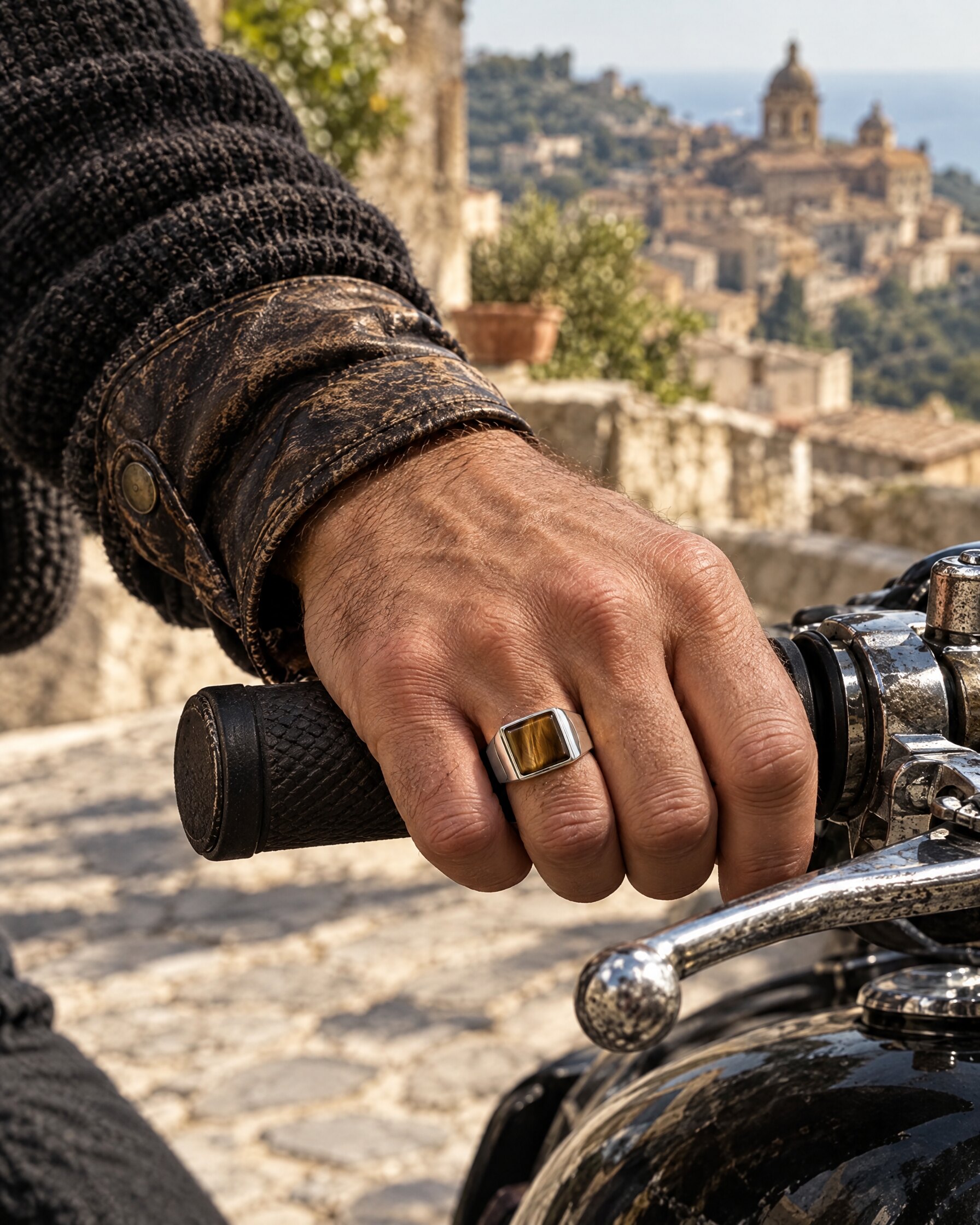 Hand wearing an Emanuele Bicocchi tiger's eye ring on a motorcycle grip in a stone-paved Italian town