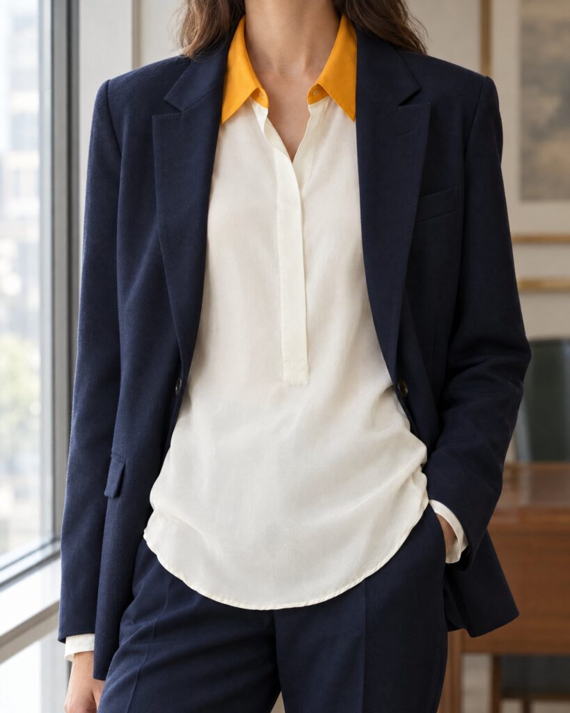 Woman's white silk-blend shirt with orange collar worn under an open navy jacket by a window, cropped below the face