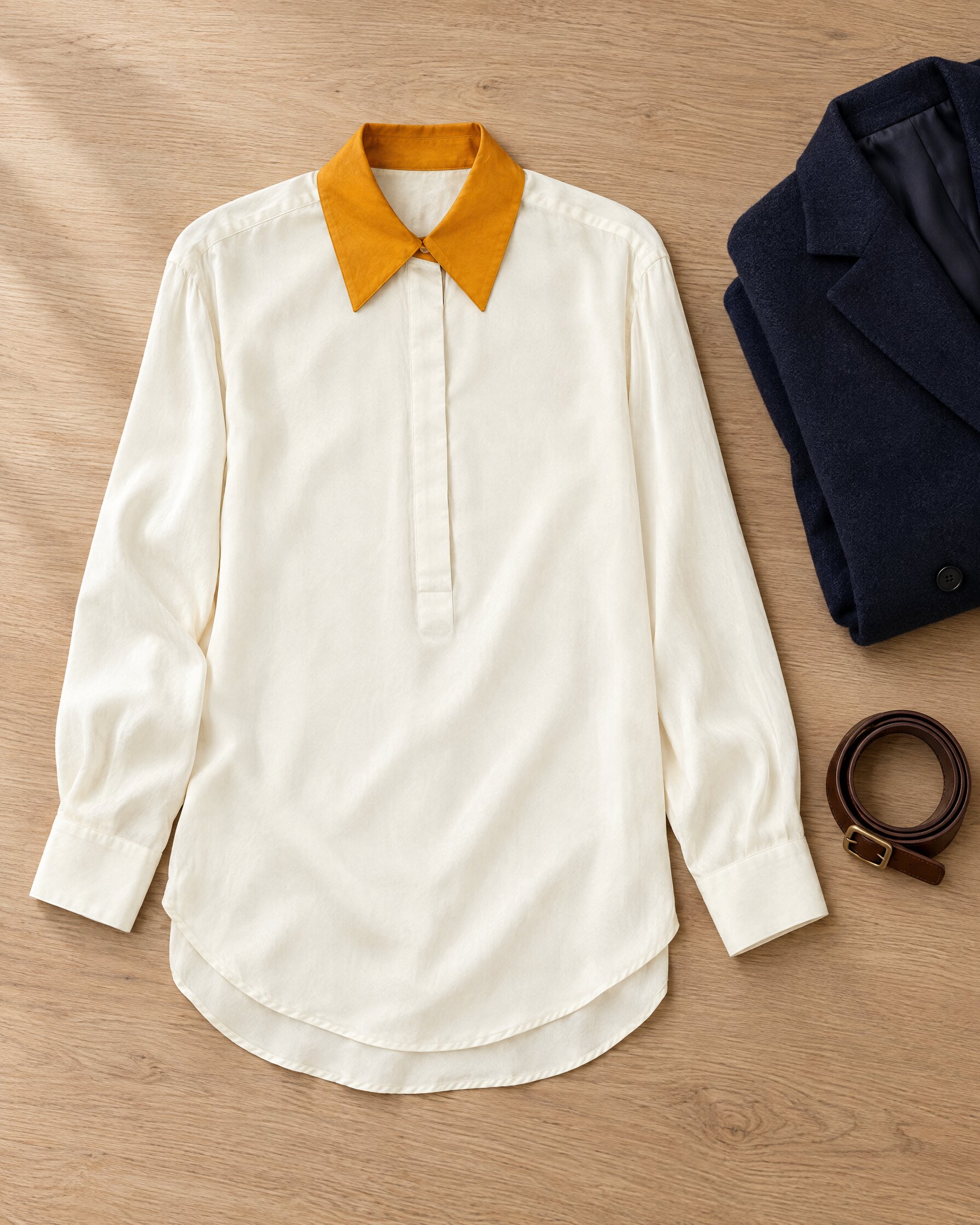 Equipment Margery shirt in white washed silk-blend with orange collar, laid flat beside a navy jacket