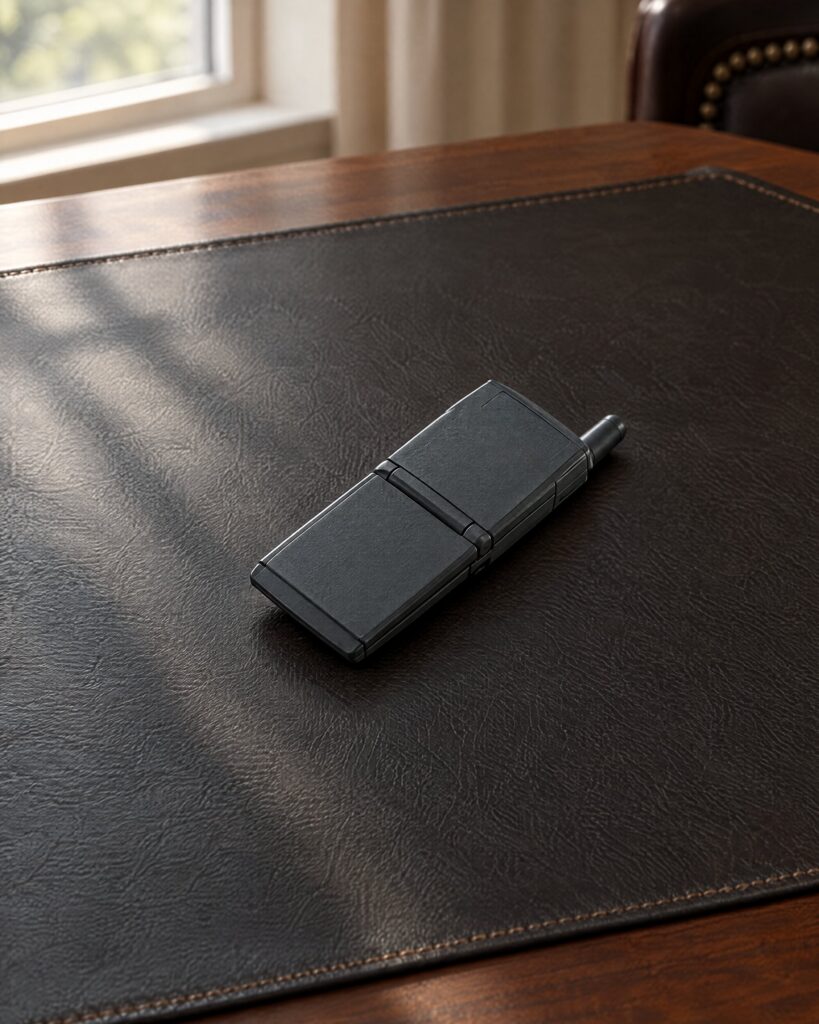 Ericsson GF 788 flip phone from Tomorrow Never Dies on a leather desk pad
