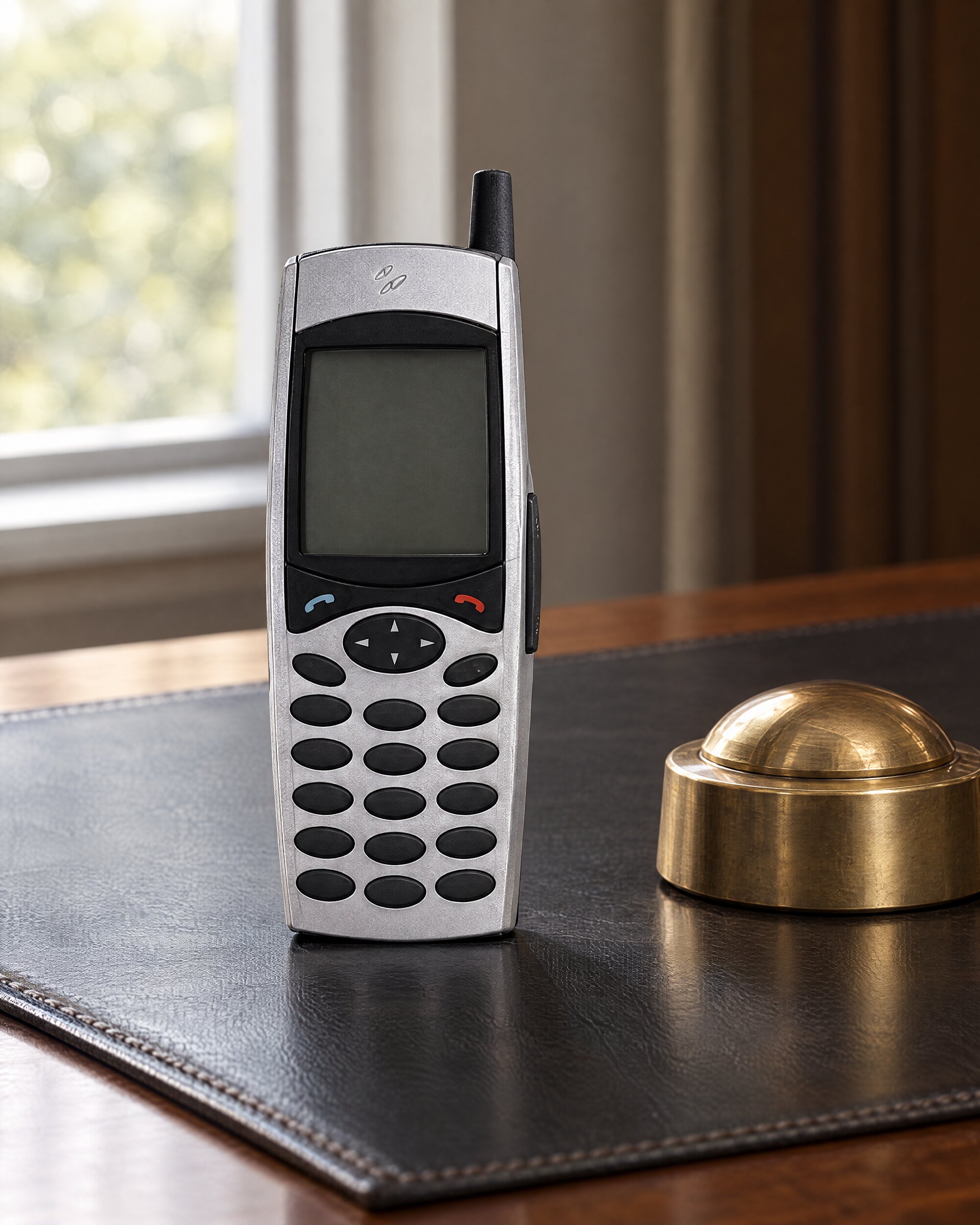 Chunky silver and black 1990s mobile phone on a leather desk blotter