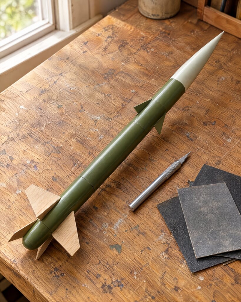 Estes Bull Pup 12D scale model rocket on a workbench