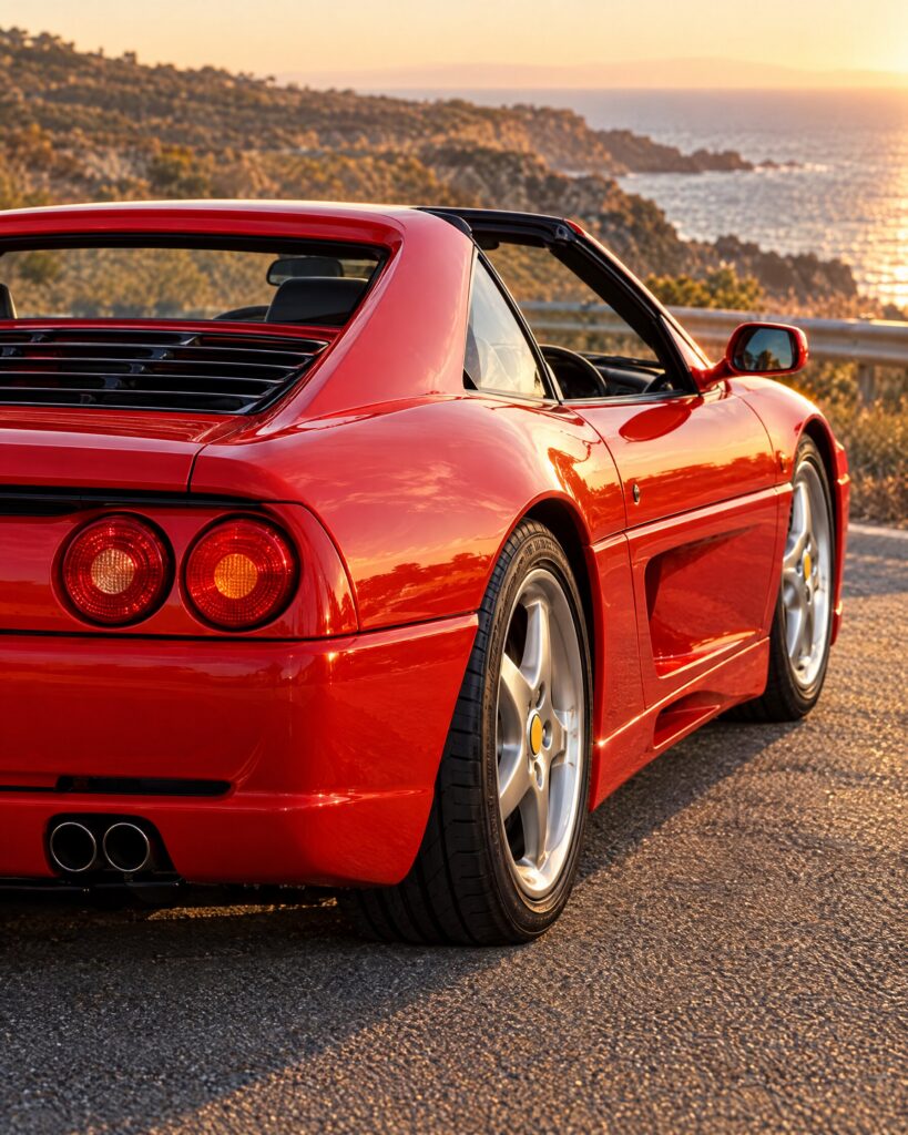 Rear three-quarter detail of a red Ferrari F355 GTS style targa sports car
