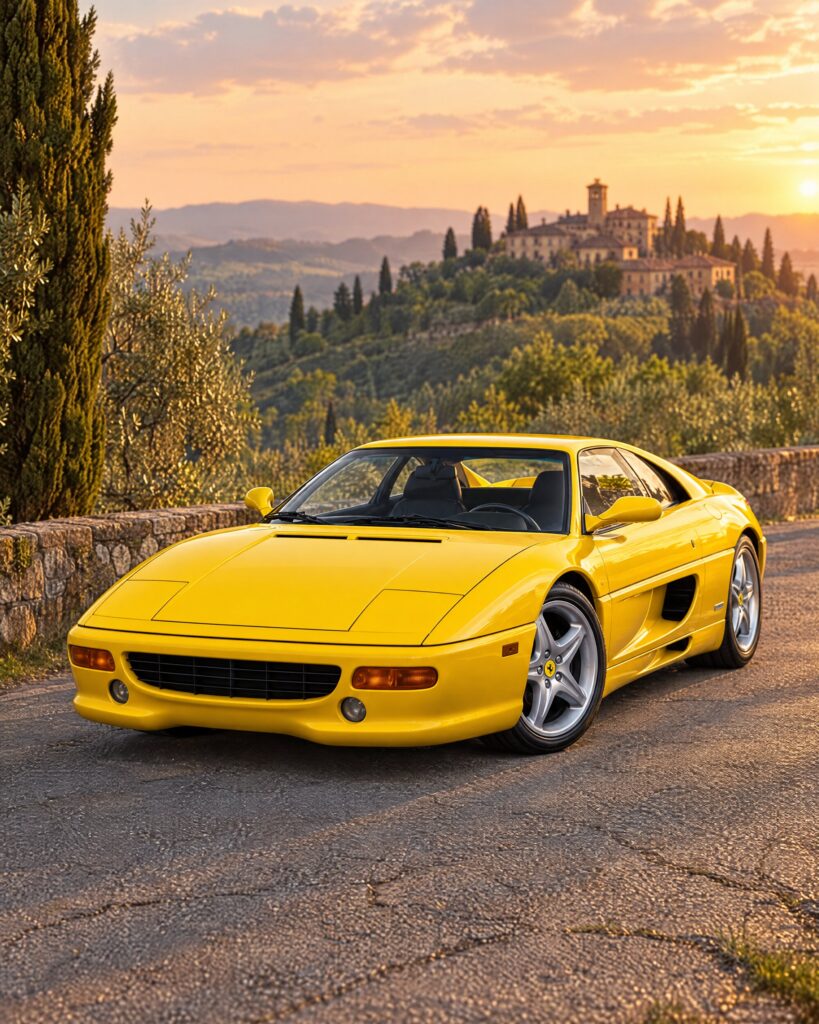 Bright yellow Ferrari F355 Berlinetta on a hillside road