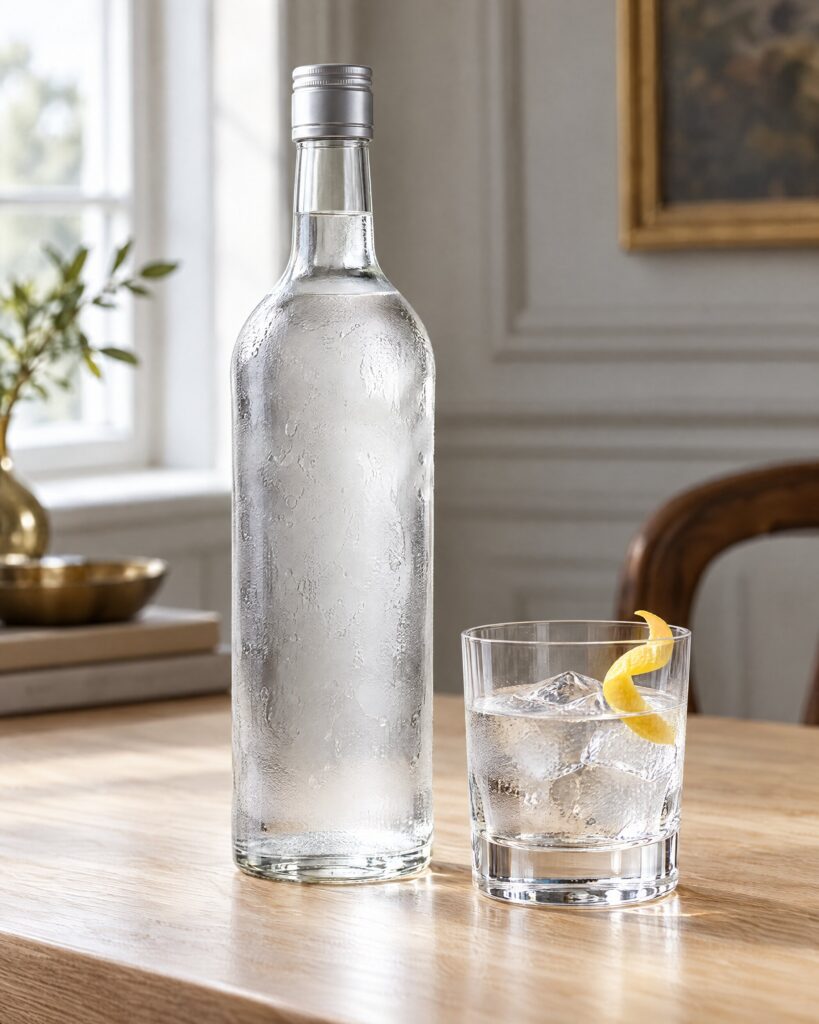 Finlandia vodka bottle beside a chilled glass and lemon twist on an oak table